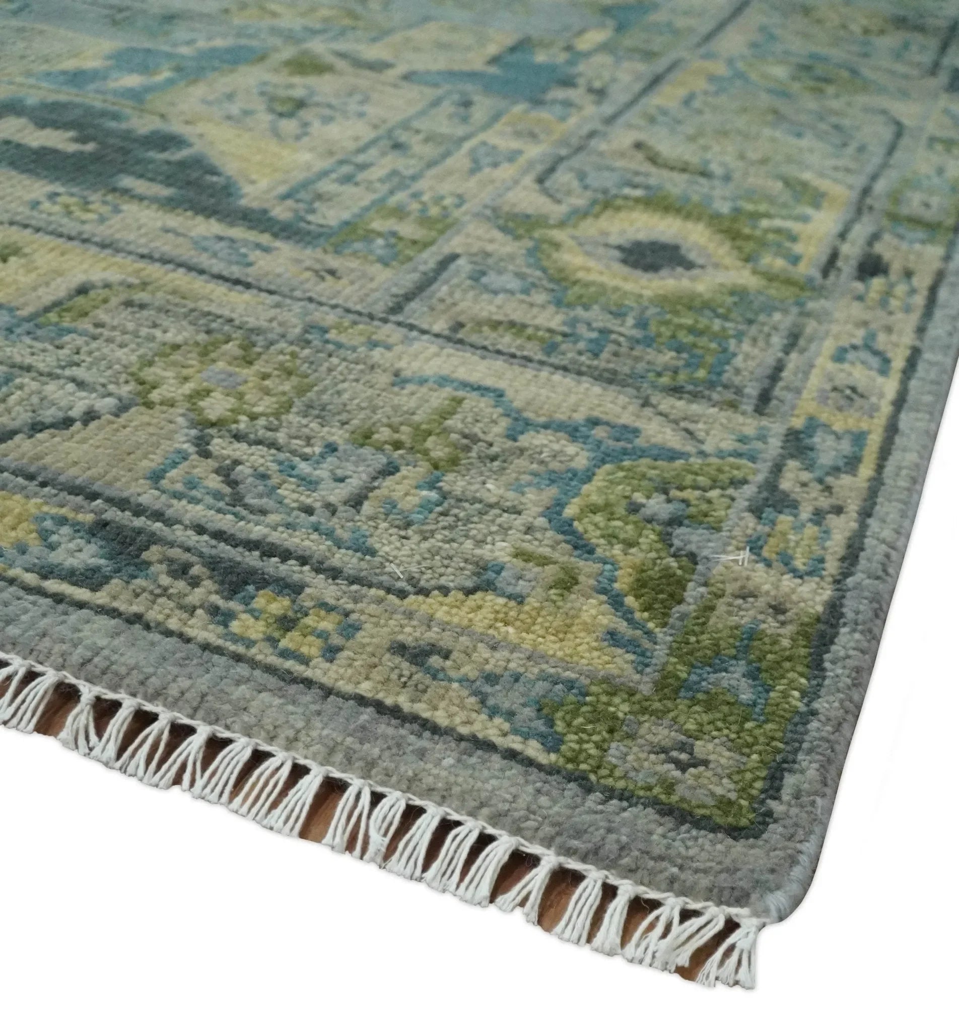 Custom Made Silver, Moss Green and Blue Heriz Traditional wool Area Rug - The Mayfair Hall