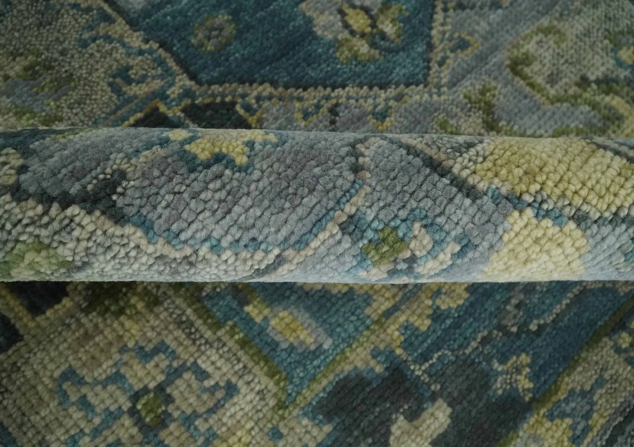 Custom Made Silver, Moss Green and Blue Heriz Traditional wool Area Rug - The Mayfair Hall