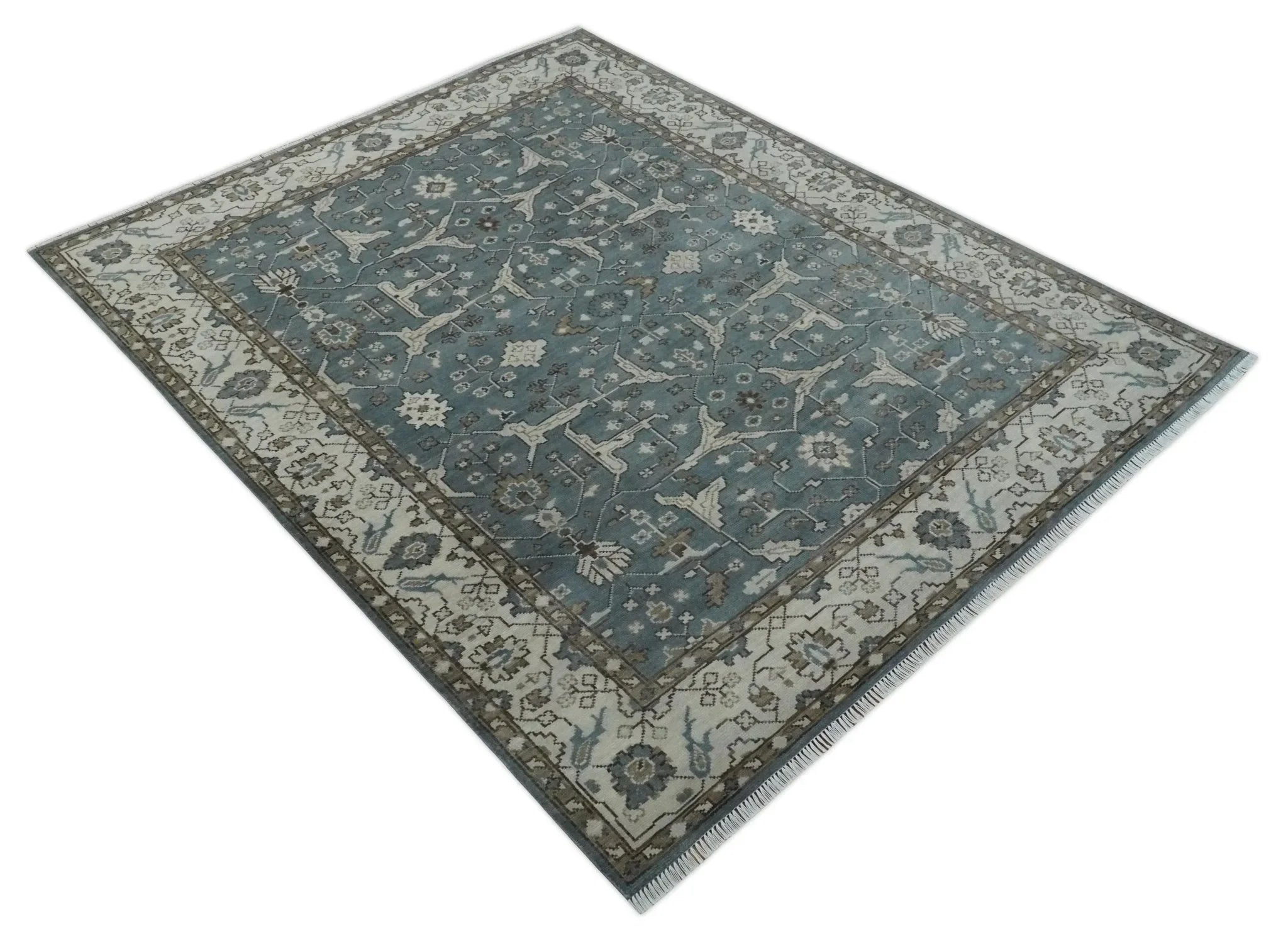 Custom Made Traditional Hand Knotted Blue, Ivory and Brown Oriental Oushak wool Area Rug - The Mayfair Hall
