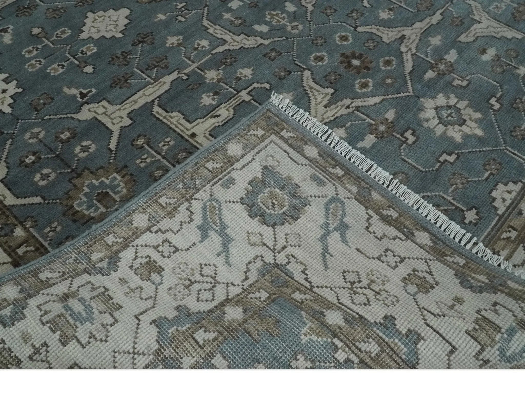 Custom Made Traditional Hand Knotted Blue, Ivory and Brown Oriental Oushak wool Area Rug - The Mayfair Hall