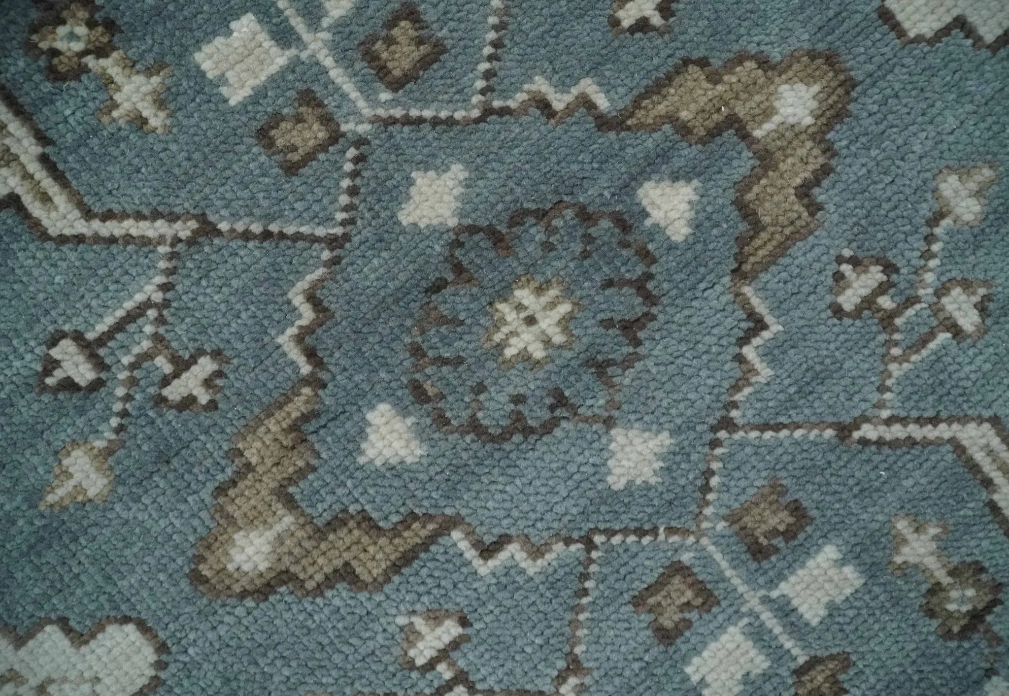 Custom Made Traditional Hand Knotted Blue, Ivory and Brown Oriental Oushak wool Area Rug - The Mayfair Hall