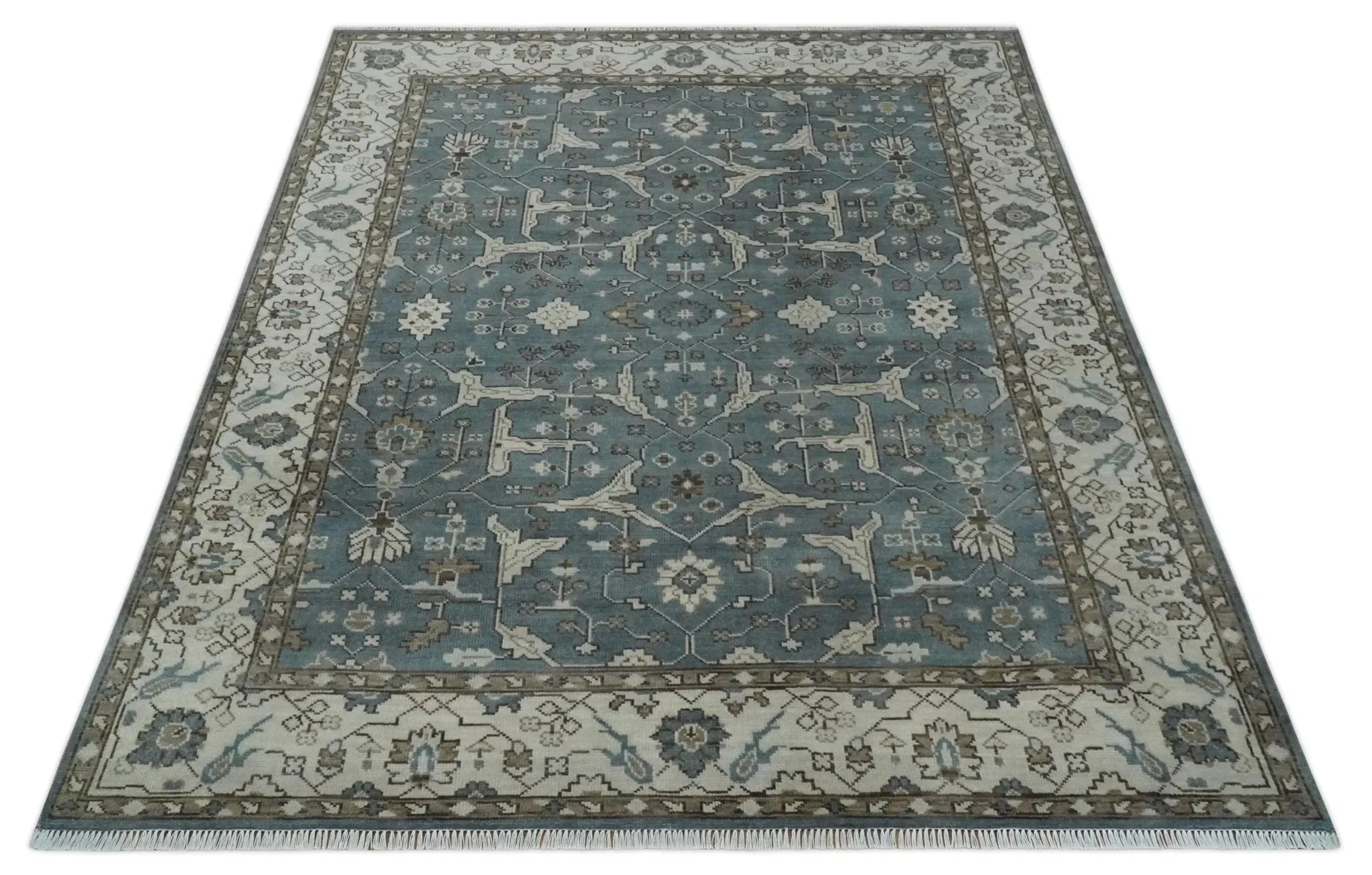 Custom Made Traditional Hand Knotted Blue, Ivory and Brown Oriental Oushak wool Area Rug - The Mayfair Hall