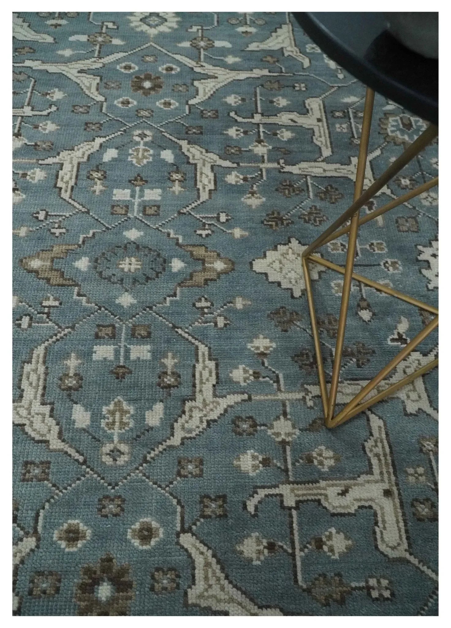 Custom Made Traditional Hand Knotted Blue, Ivory and Brown Oriental Oushak wool Area Rug - The Mayfair Hall