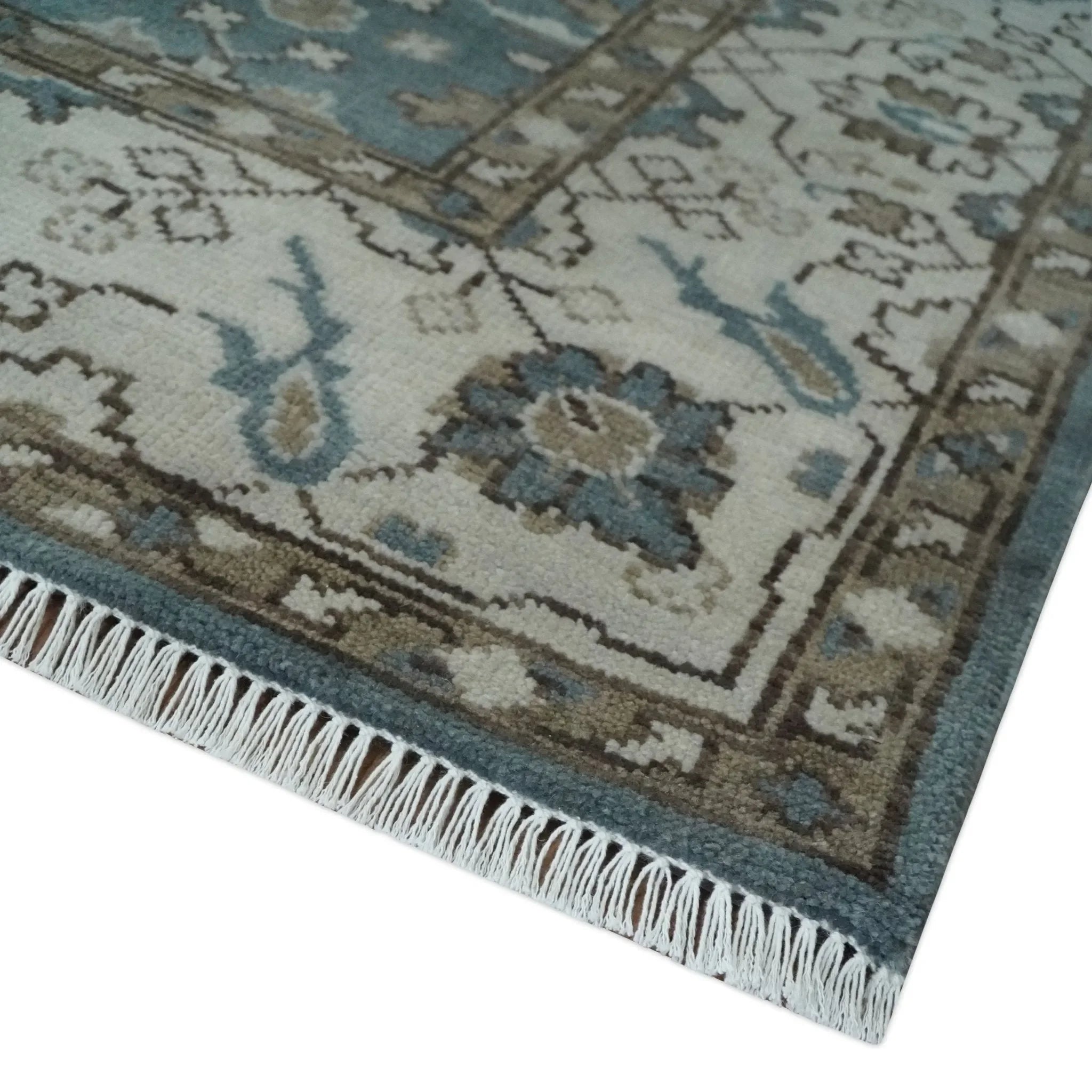 Custom Made Traditional Hand Knotted Blue, Ivory and Brown Oriental Oushak wool Area Rug - The Mayfair Hall