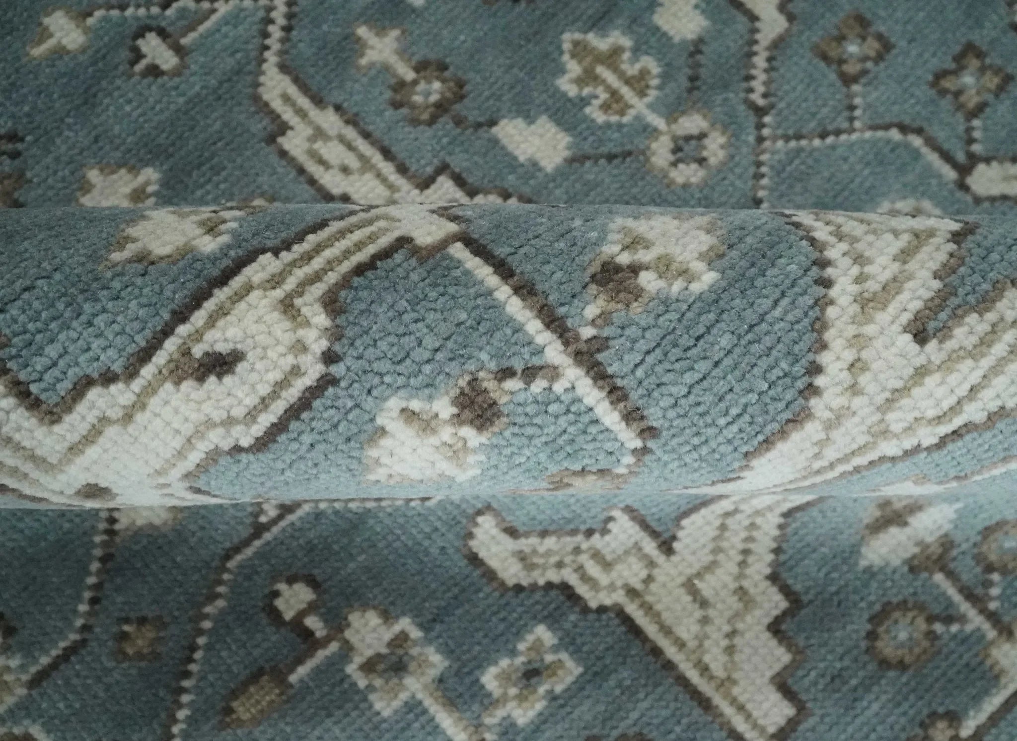 Custom Made Traditional Hand Knotted Blue, Ivory and Brown Oriental Oushak wool Area Rug - The Mayfair Hall