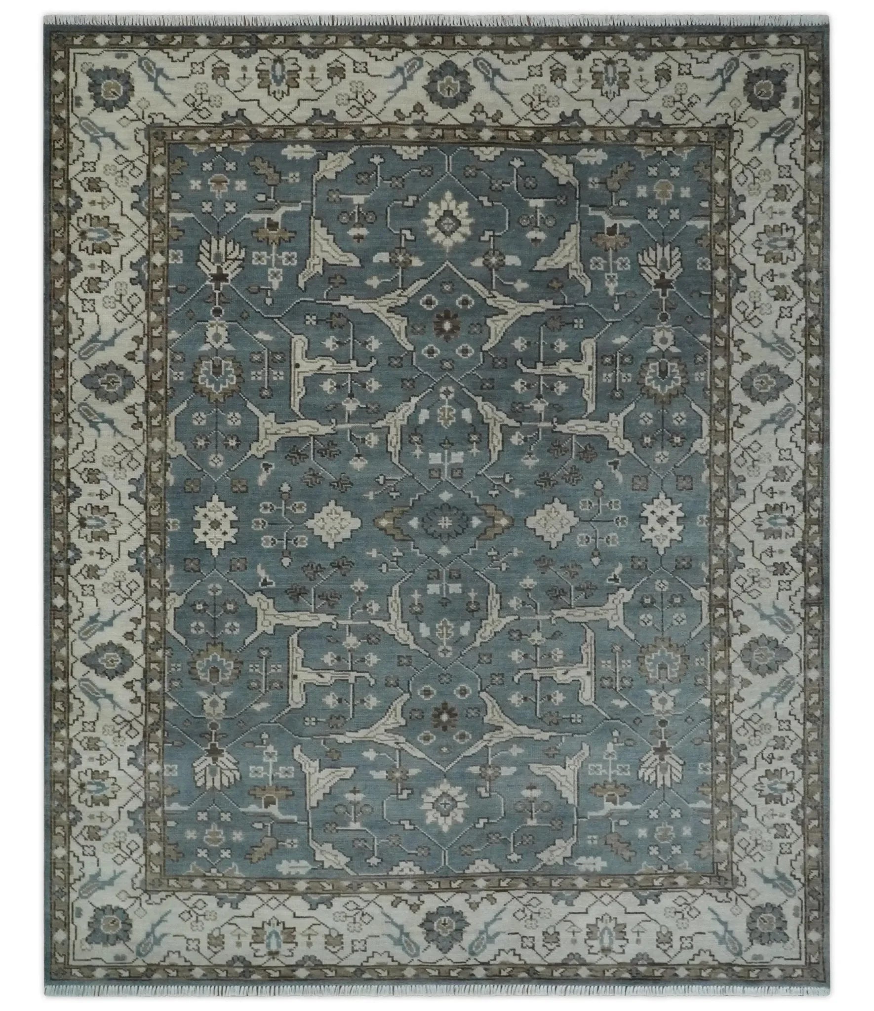 Custom Made Traditional Hand Knotted Blue, Ivory and Brown Oriental Oushak wool Area Rug - The Mayfair Hall