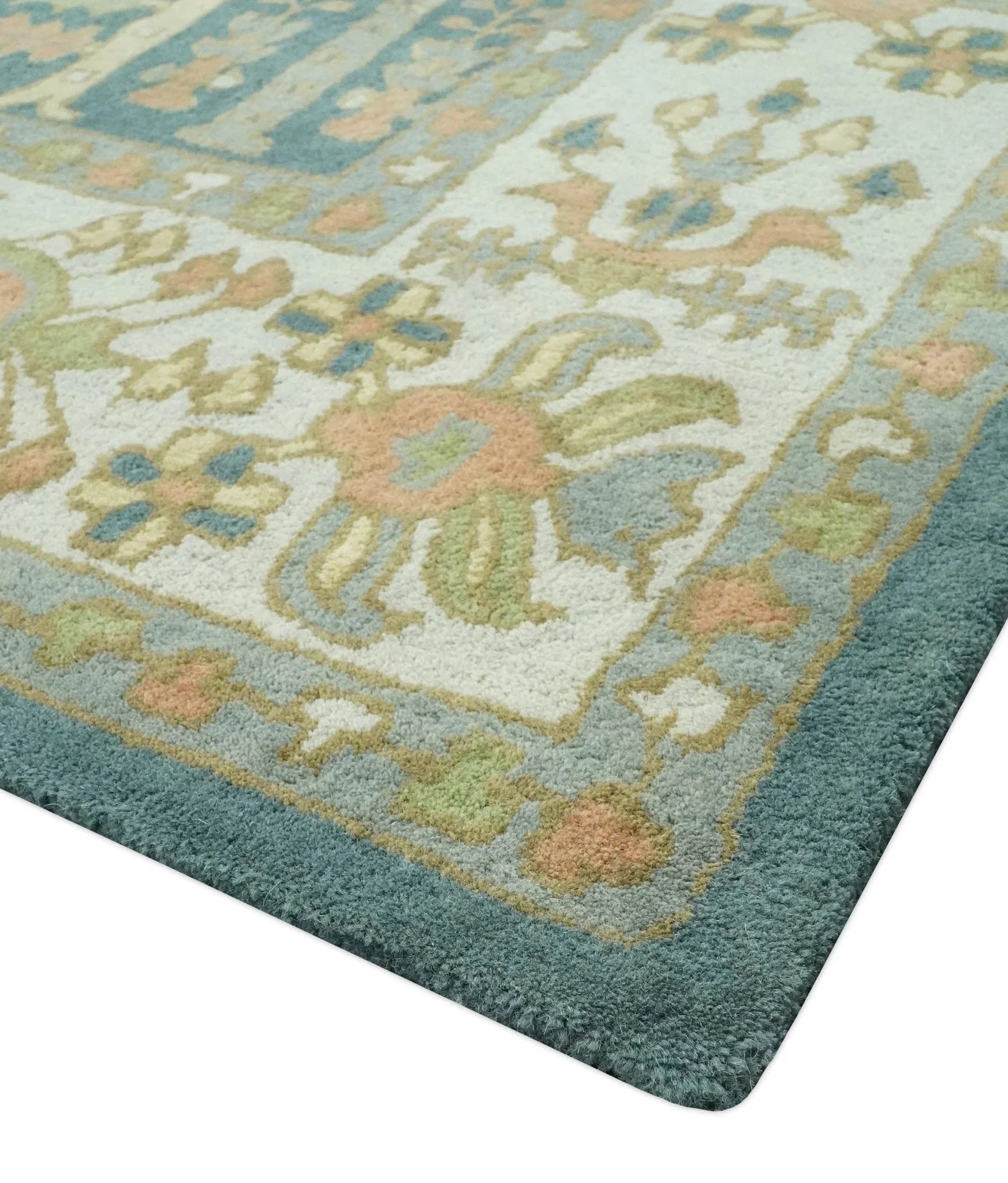 Custom Made Tree of life Traditional Teal, Silver, and Dark Peach wool Rug - The Mayfair Hall