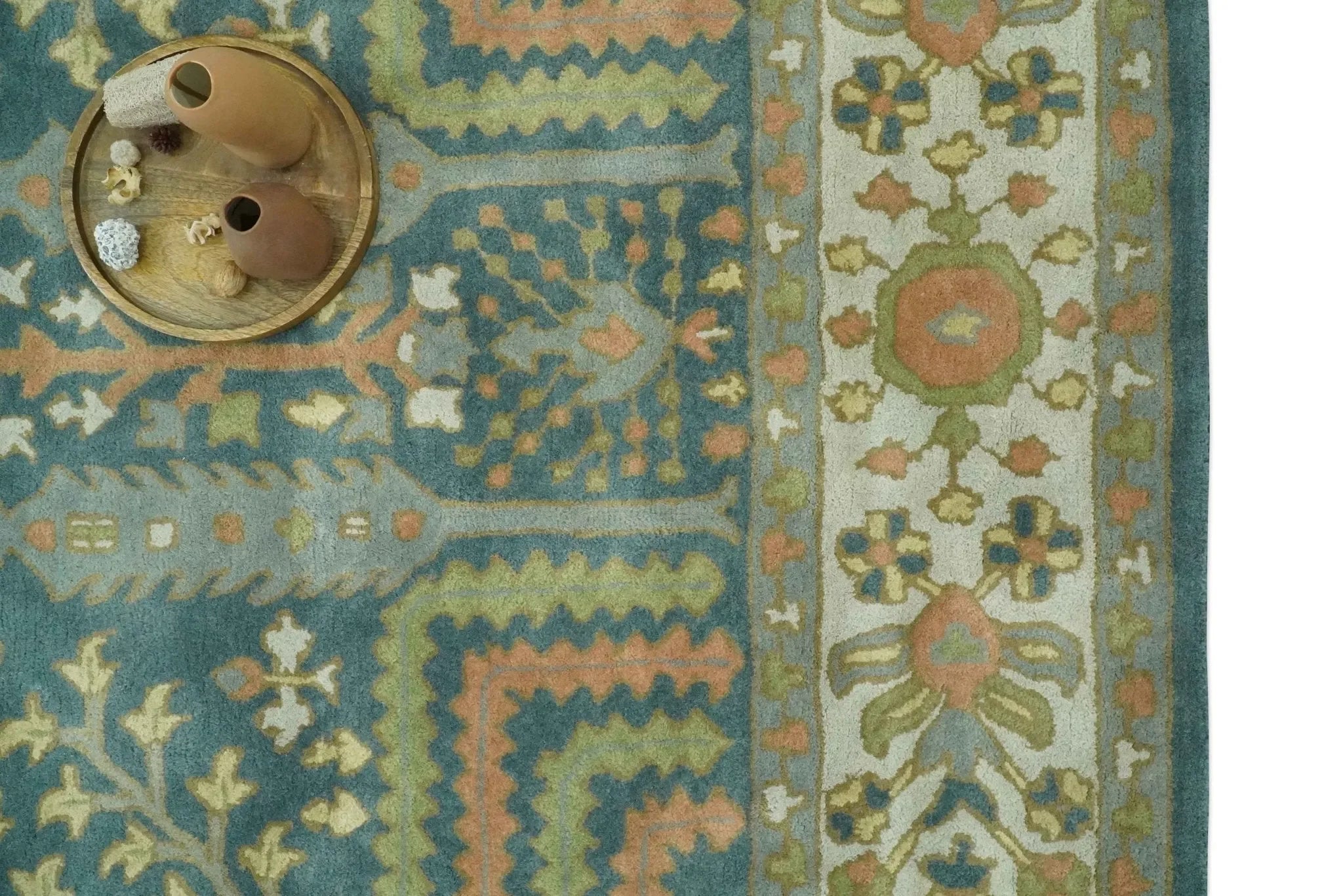 Custom Made Tree of life Traditional Teal, Silver, and Dark Peach wool Rug - The Mayfair Hall
