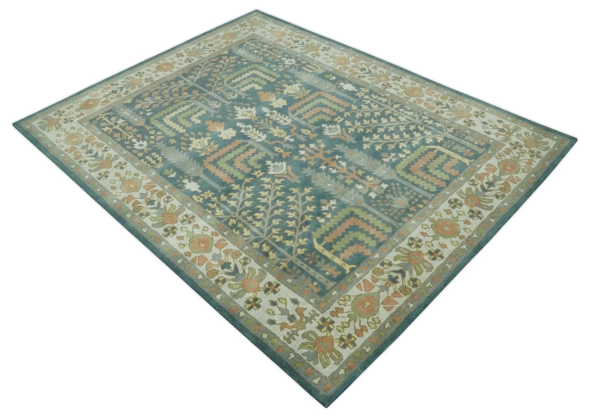 Custom Made Tree of life Traditional Teal, Silver, and Dark Peach wool Rug - The Mayfair Hall