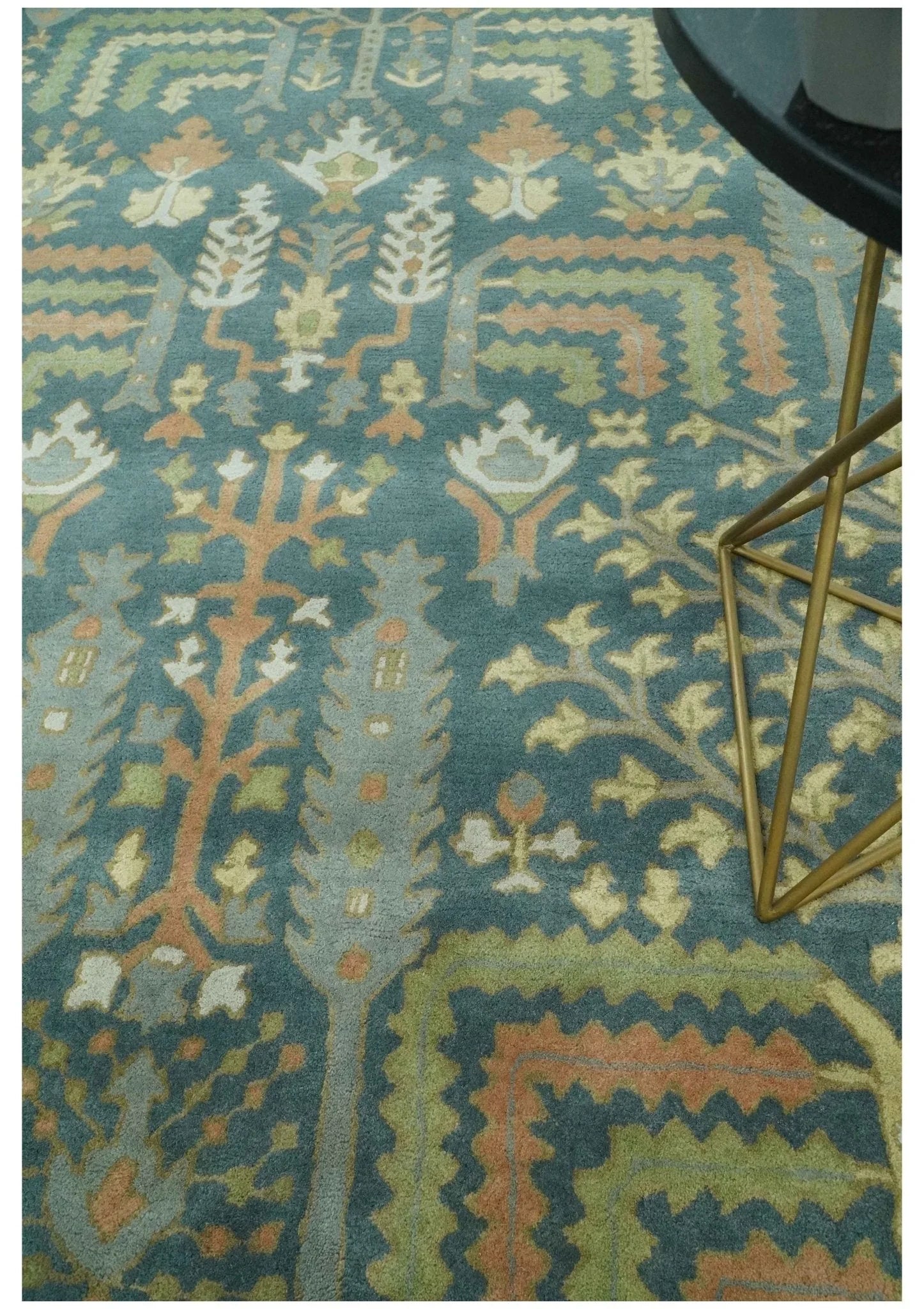 Custom Made Tree of life Traditional Teal, Silver, and Dark Peach wool Rug - The Mayfair Hall