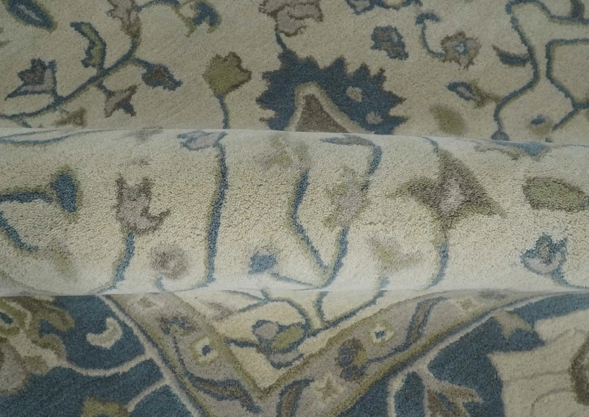 Custom Made Tufted Beige and Blue Traditional Wool Oushak Rug - The Mayfair Hall