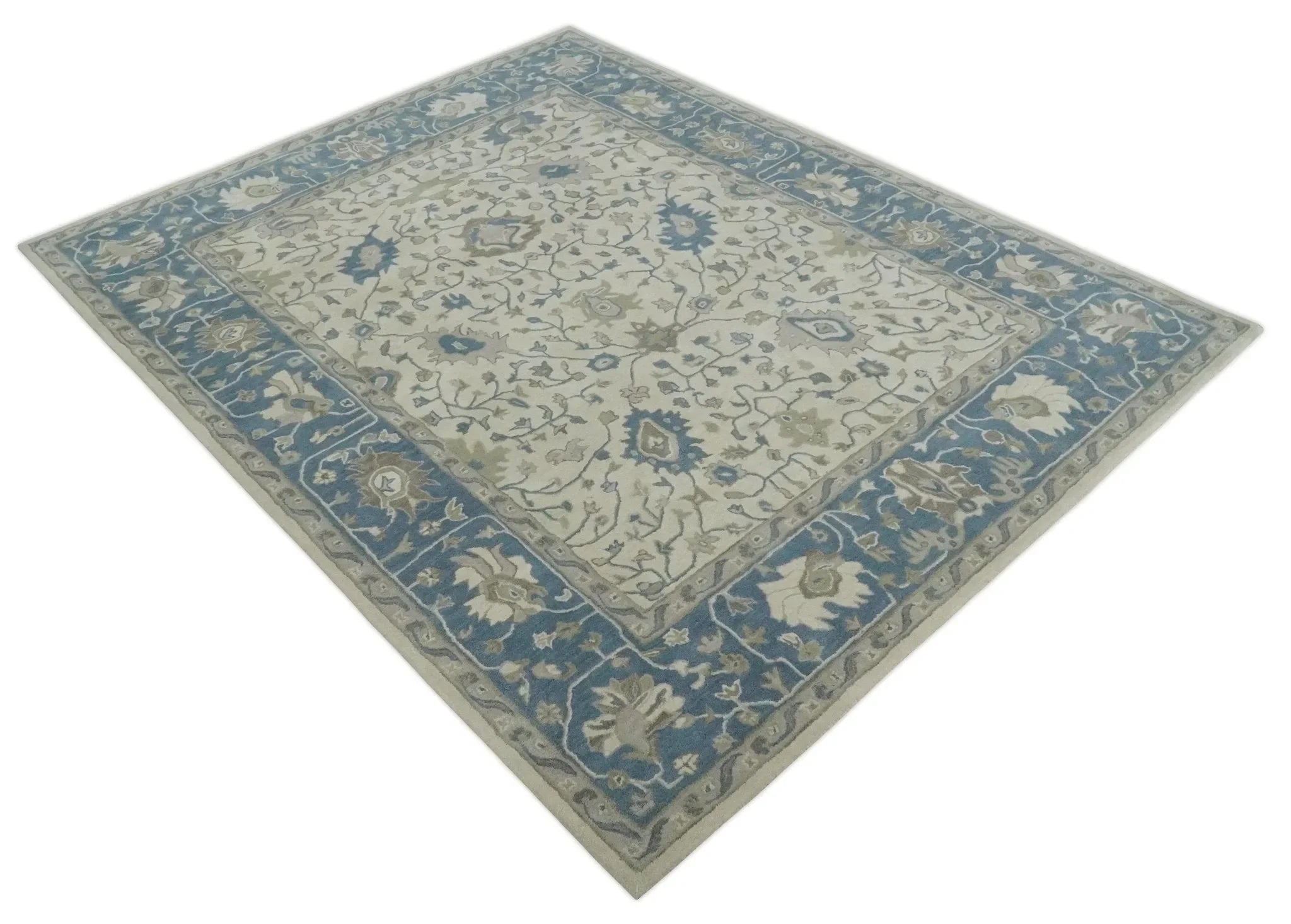 Custom Made Tufted Beige and Blue Traditional Wool Oushak Rug - The Mayfair Hall