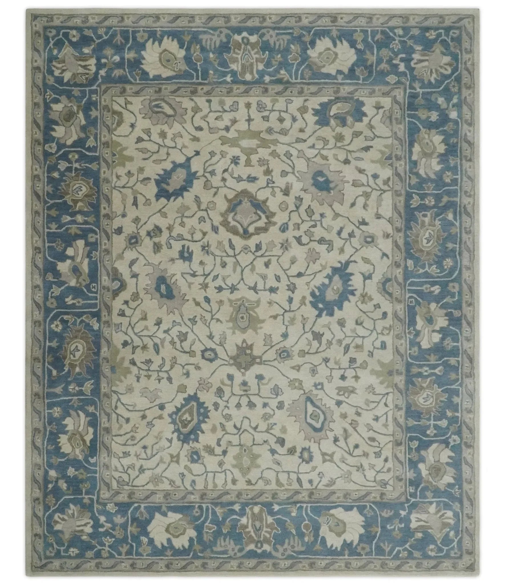 Custom Made Tufted Beige and Blue Traditional Wool Oushak Rug - The Mayfair Hall