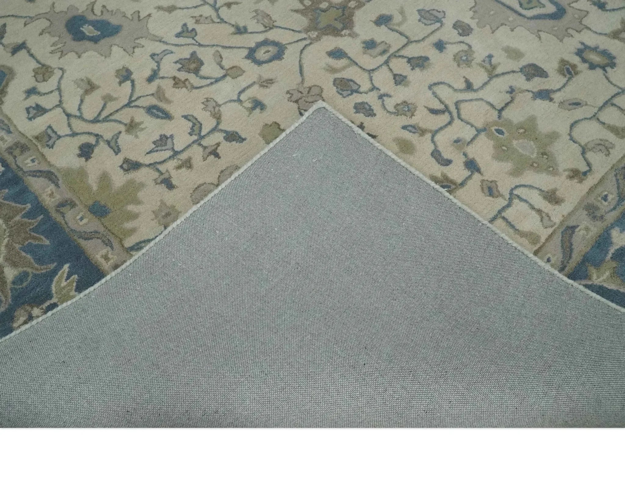 Custom Made Tufted Beige and Blue Traditional Wool Oushak Rug - The Mayfair Hall