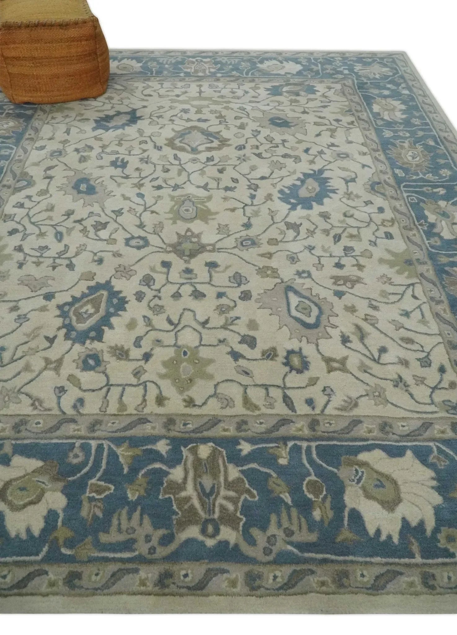 Custom Made Tufted Beige and Blue Traditional Wool Oushak Rug - The Mayfair Hall