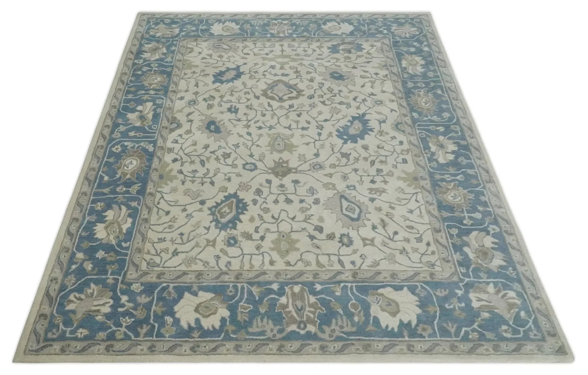 Custom Made Tufted Beige and Blue Traditional Wool Oushak Rug - The Mayfair Hall