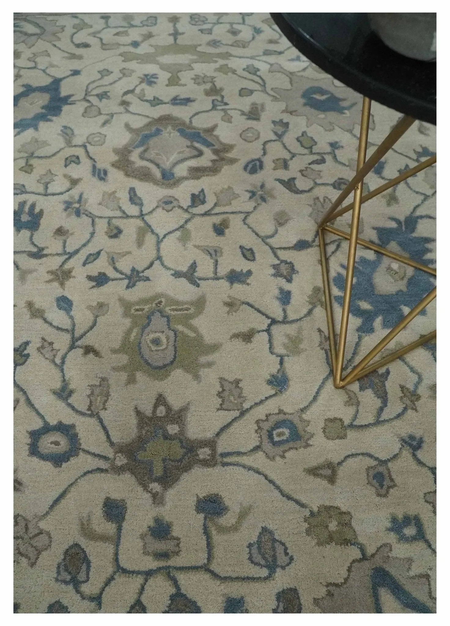 Custom Made Tufted Beige and Blue Traditional Wool Oushak Rug - The Mayfair Hall