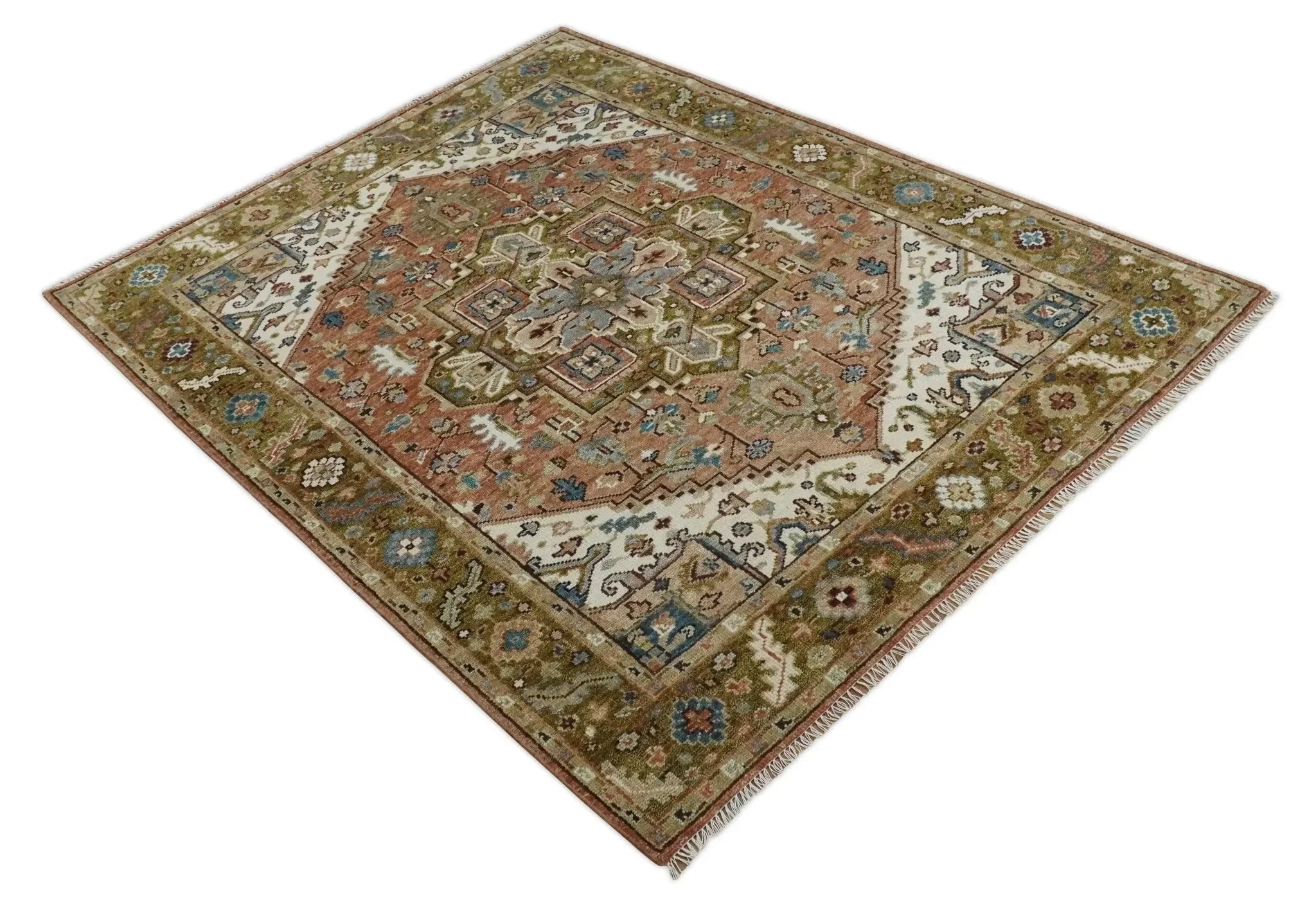 Vintage Style Olive, Rust, and Ivory Hand Knotted Traditional Wool Area Rug - The Mayfair Hall