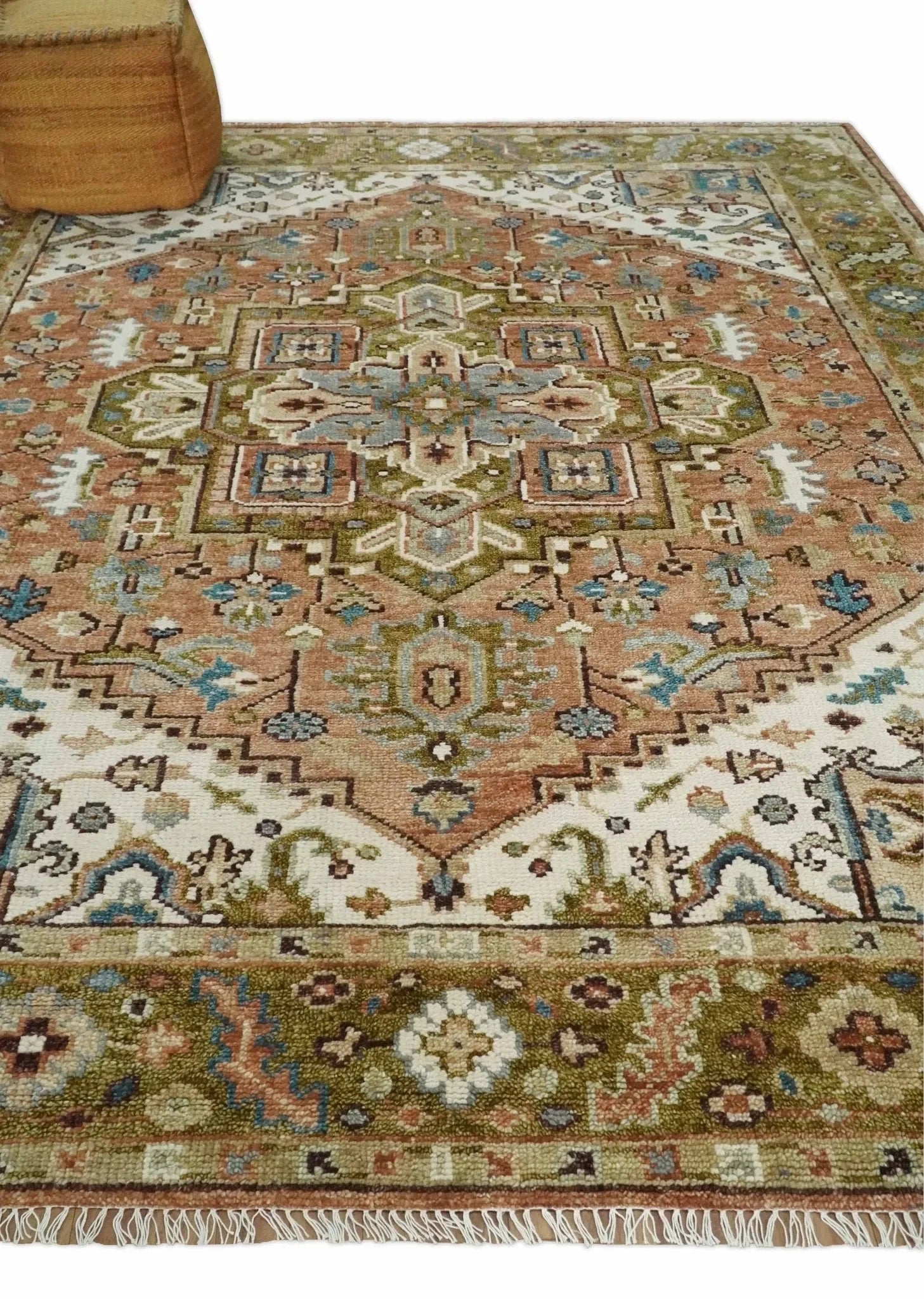 Vintage Style Olive, Rust, and Ivory Hand Knotted Traditional Wool Area Rug - The Mayfair Hall