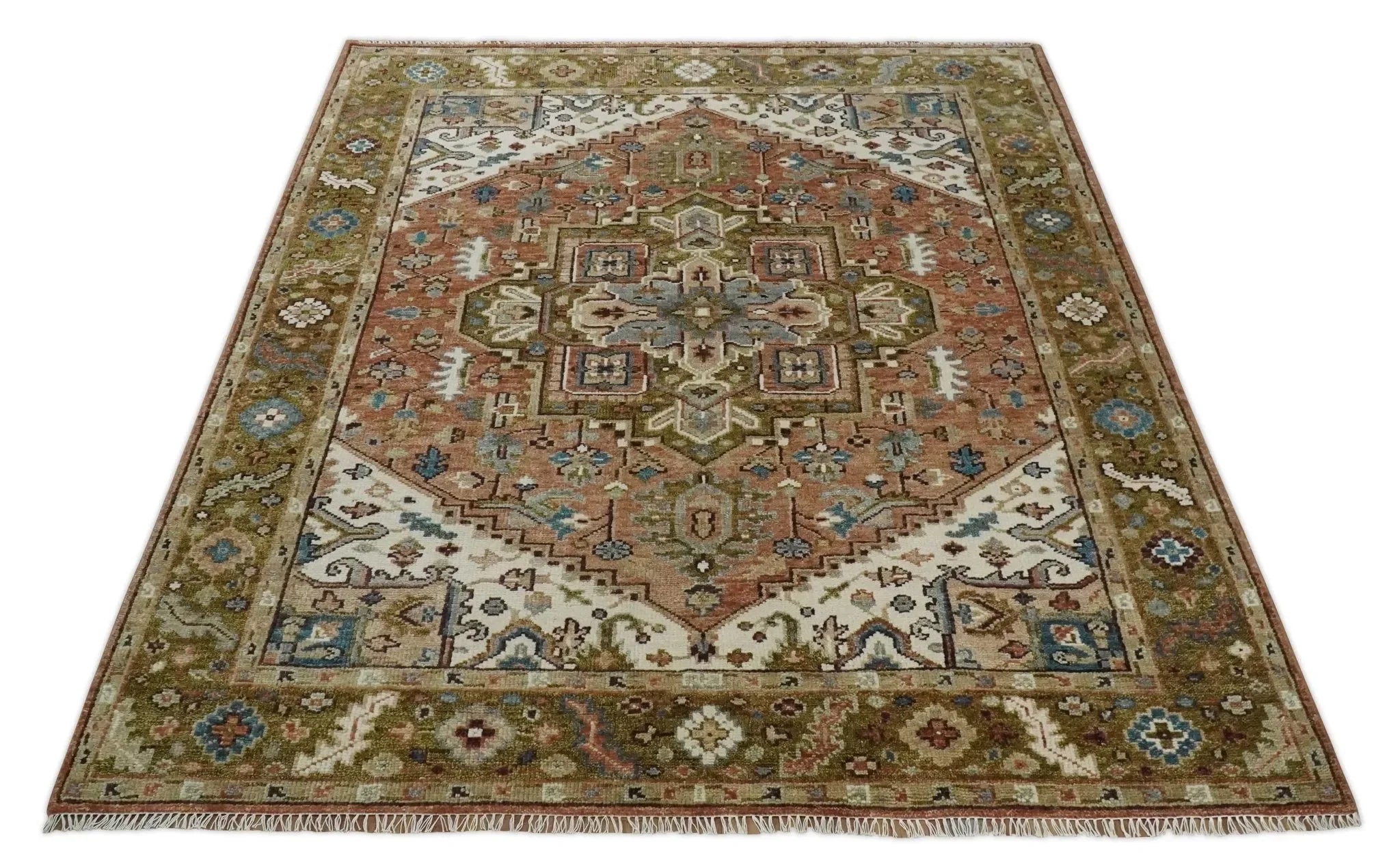 Vintage Style Olive, Rust, and Ivory Hand Knotted Traditional Wool Area Rug - The Mayfair Hall