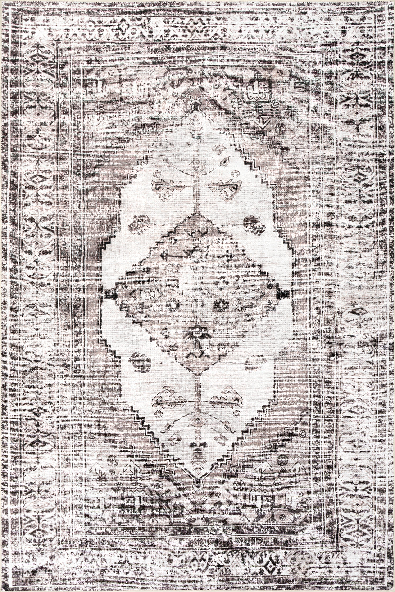 Isolated view of Light Grey Round Plated Medallion Spill Proof Washable Rug, showcasing its design