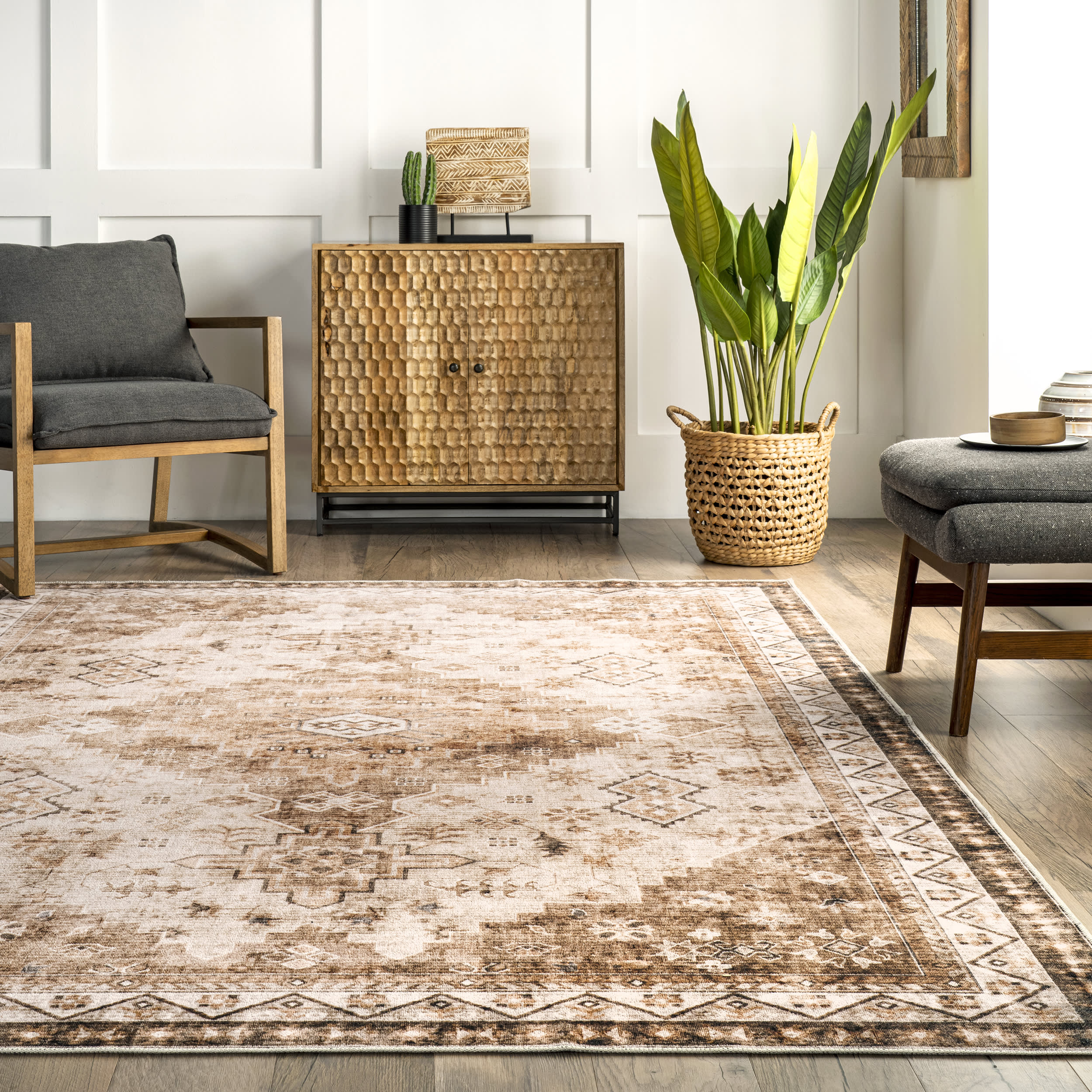 Jessamine Spill Proof Washable Geometric Rug | Beige