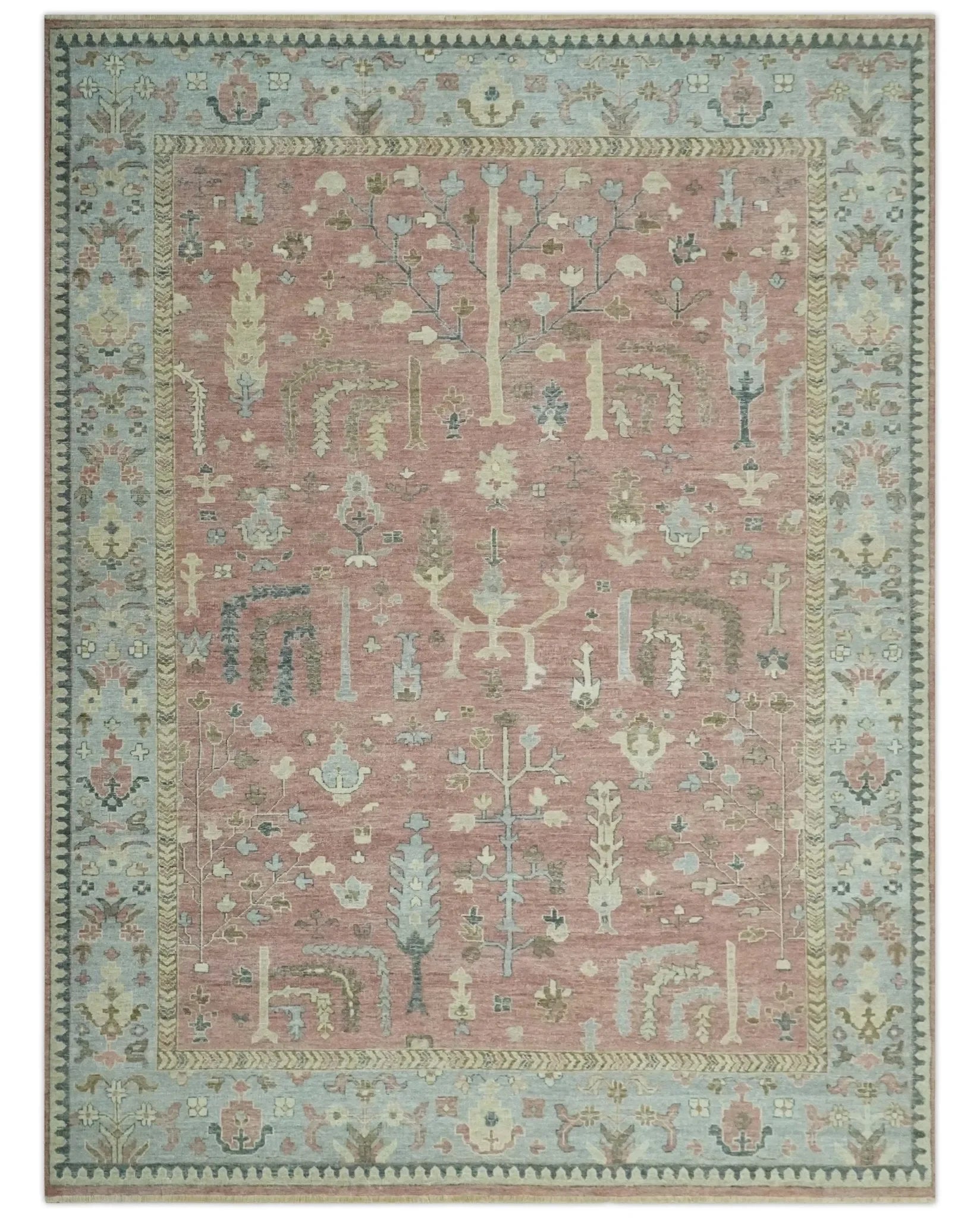 Distress Finished Tree of Life Hand Knotted Rust and Silver Custom Made Wool Rug - The Mayfair Hall