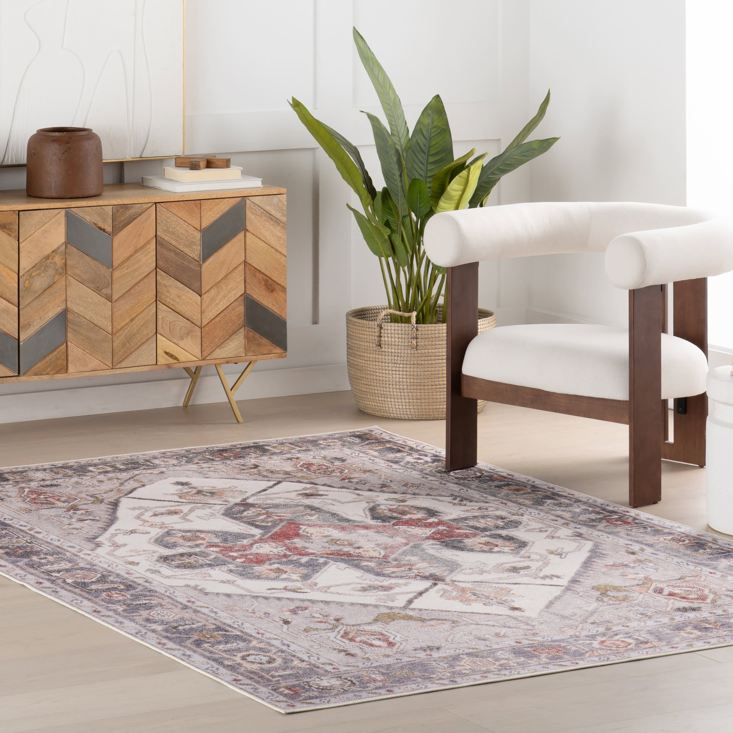 Crystalline Medallion Spill Proof Washable Rug | Beige