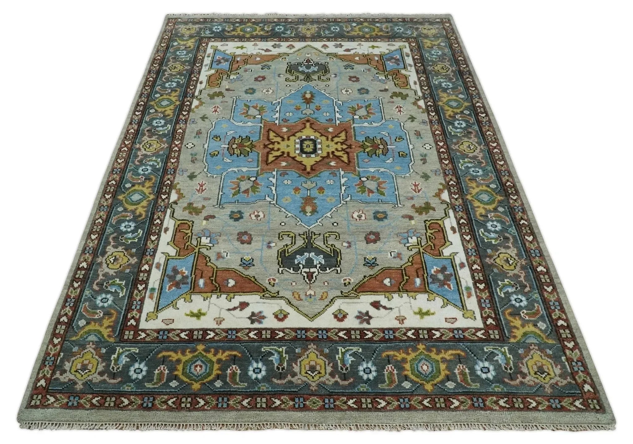 Traditional Heriz Blue, silver, Charcoal and Ivory Hand Knotted Multi size wool Area Rug - The Mayfair Hall