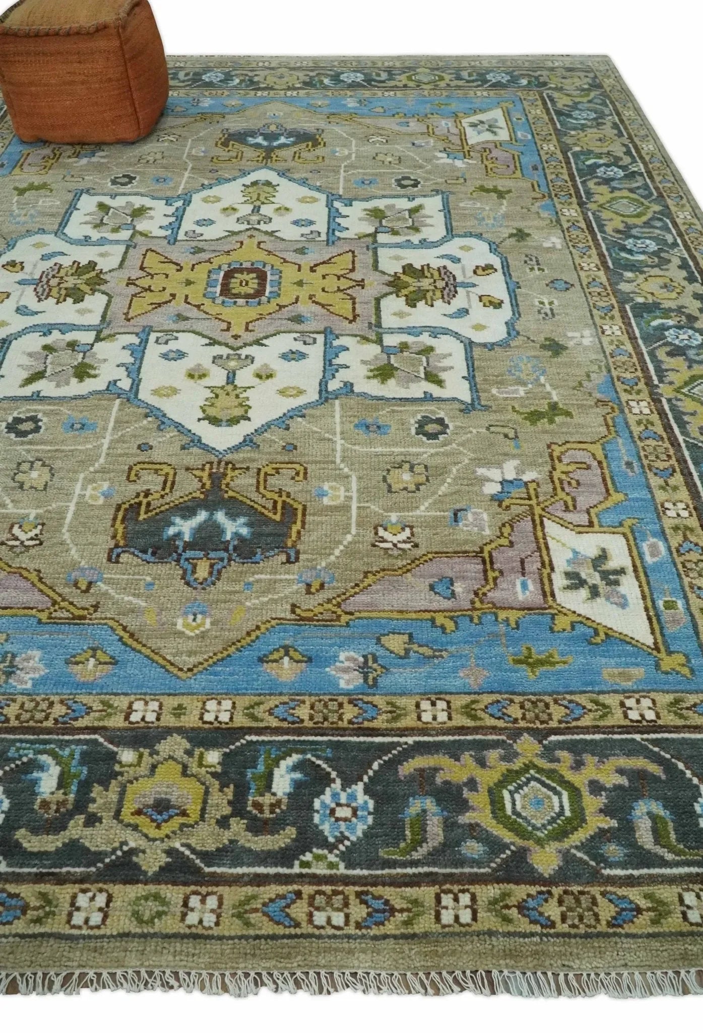 Custom Made Hand Knotted Ivory, Camel and Teal Modern Heriz Serapi Wool Rug - The Mayfair Hall