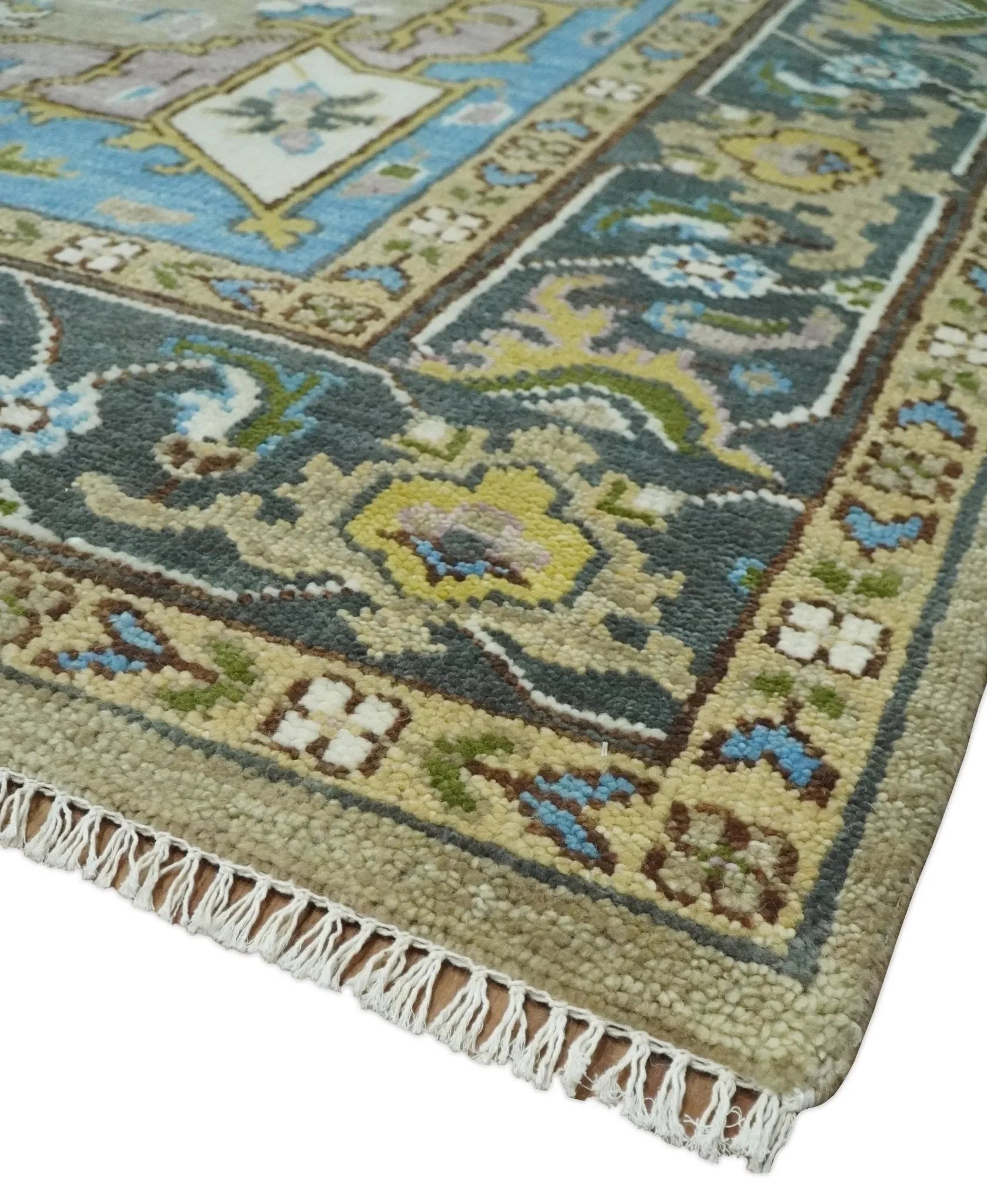 Custom Made Hand Knotted Ivory, Camel and Teal Modern Heriz Serapi Wool Rug - The Mayfair Hall