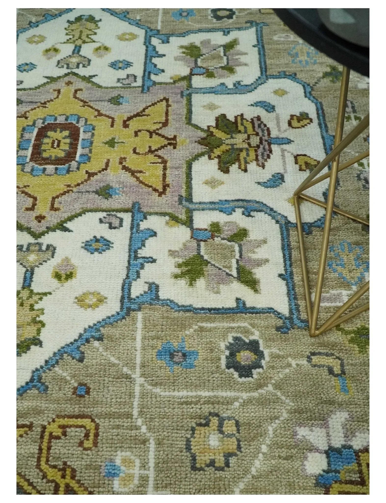 Custom Made Hand Knotted Ivory, Camel and Teal Modern Heriz Serapi Wool Rug - The Mayfair Hall