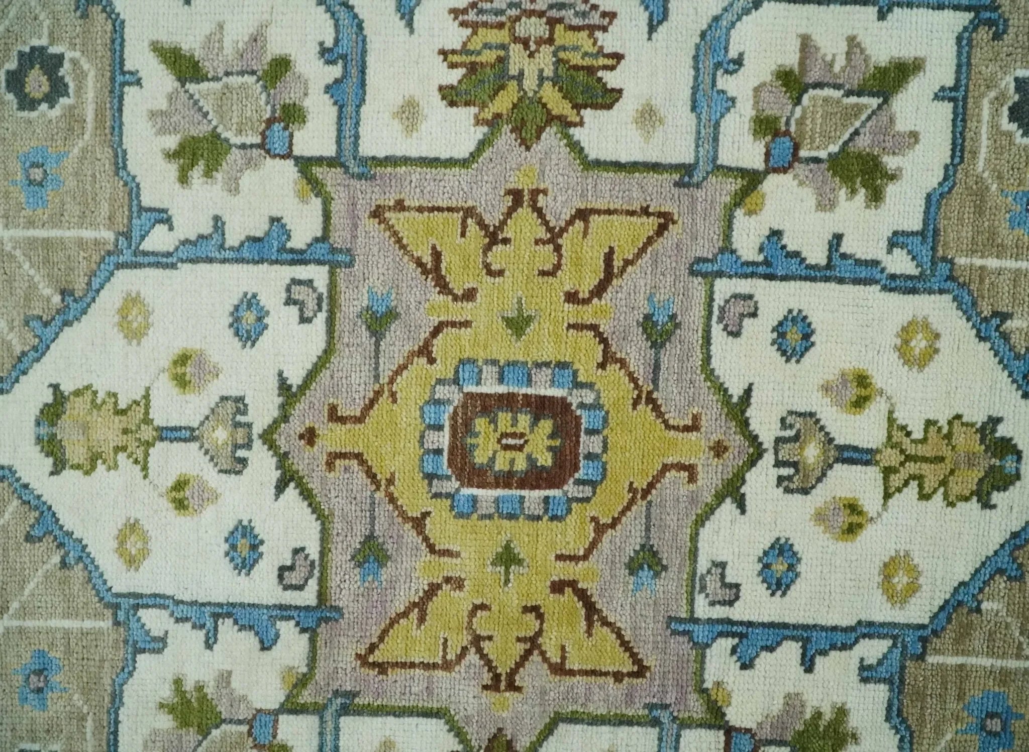 Custom Made Hand Knotted Ivory, Camel and Teal Modern Heriz Serapi Wool Rug - The Mayfair Hall