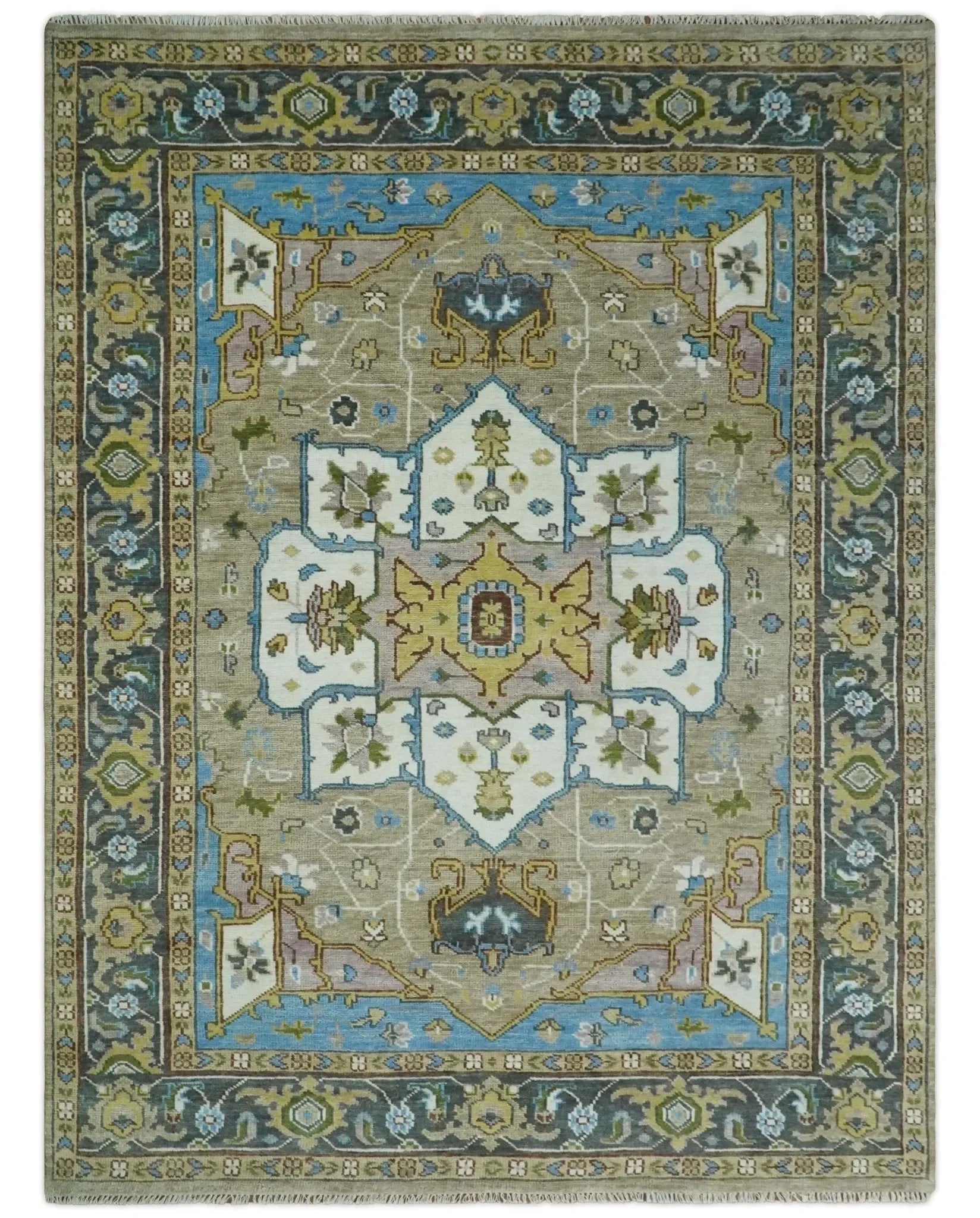 Custom Made Hand Knotted Ivory, Camel and Teal Modern Heriz Serapi Wool Rug - The Mayfair Hall