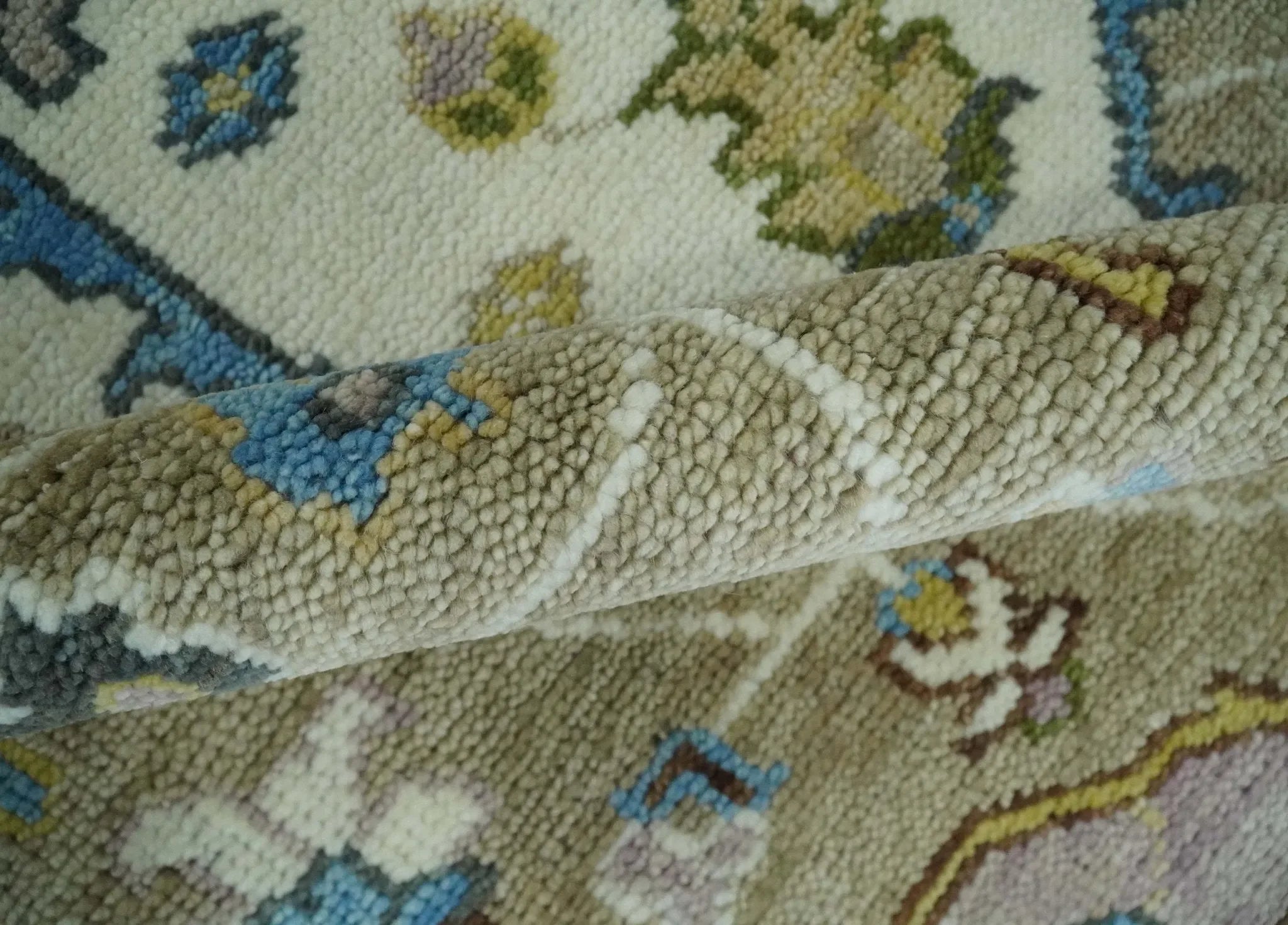 Custom Made Hand Knotted Ivory, Camel and Teal Modern Heriz Serapi Wool Rug - The Mayfair Hall