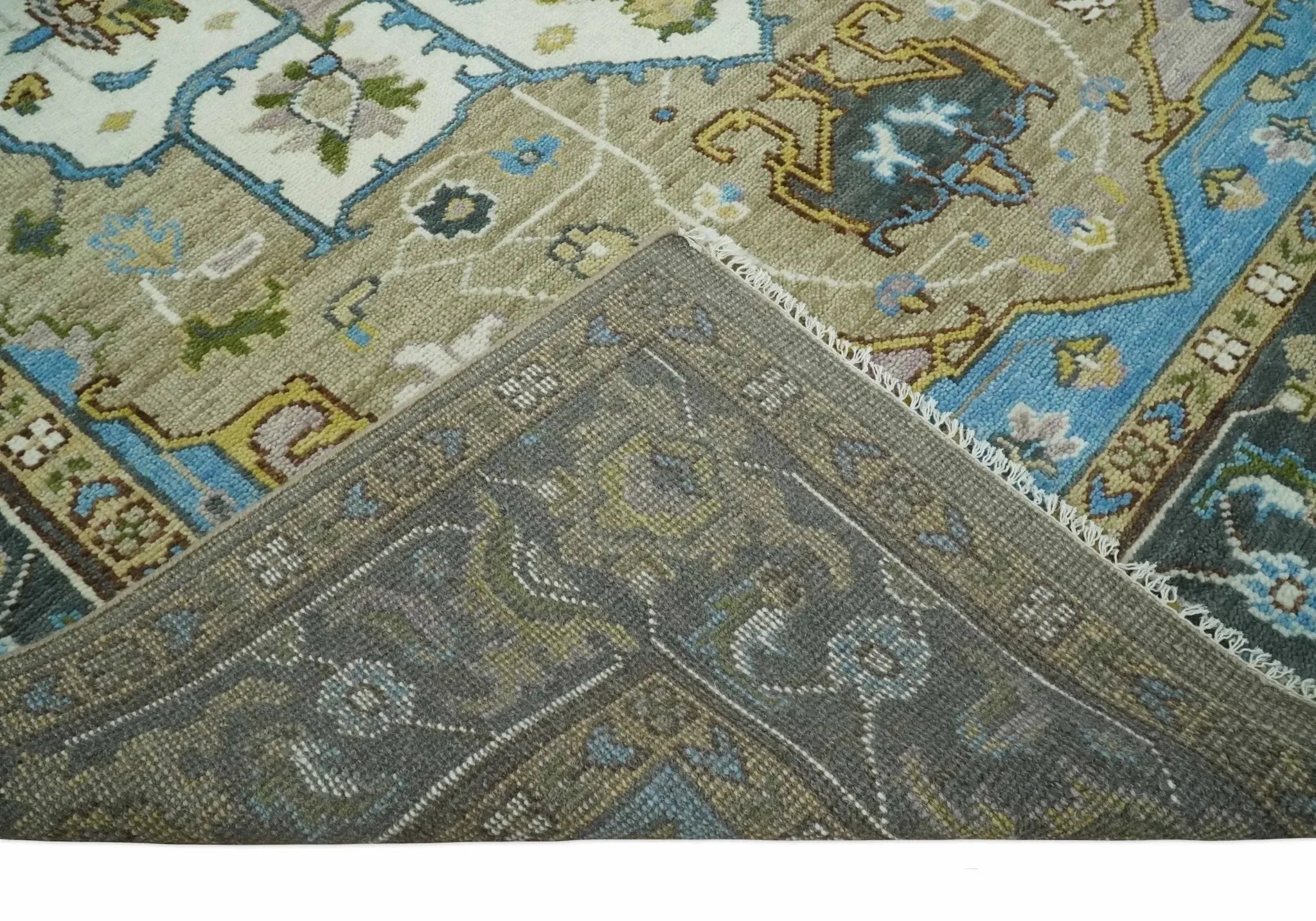 Custom Made Hand Knotted Ivory, Camel and Teal Modern Heriz Serapi Wool Rug - The Mayfair Hall