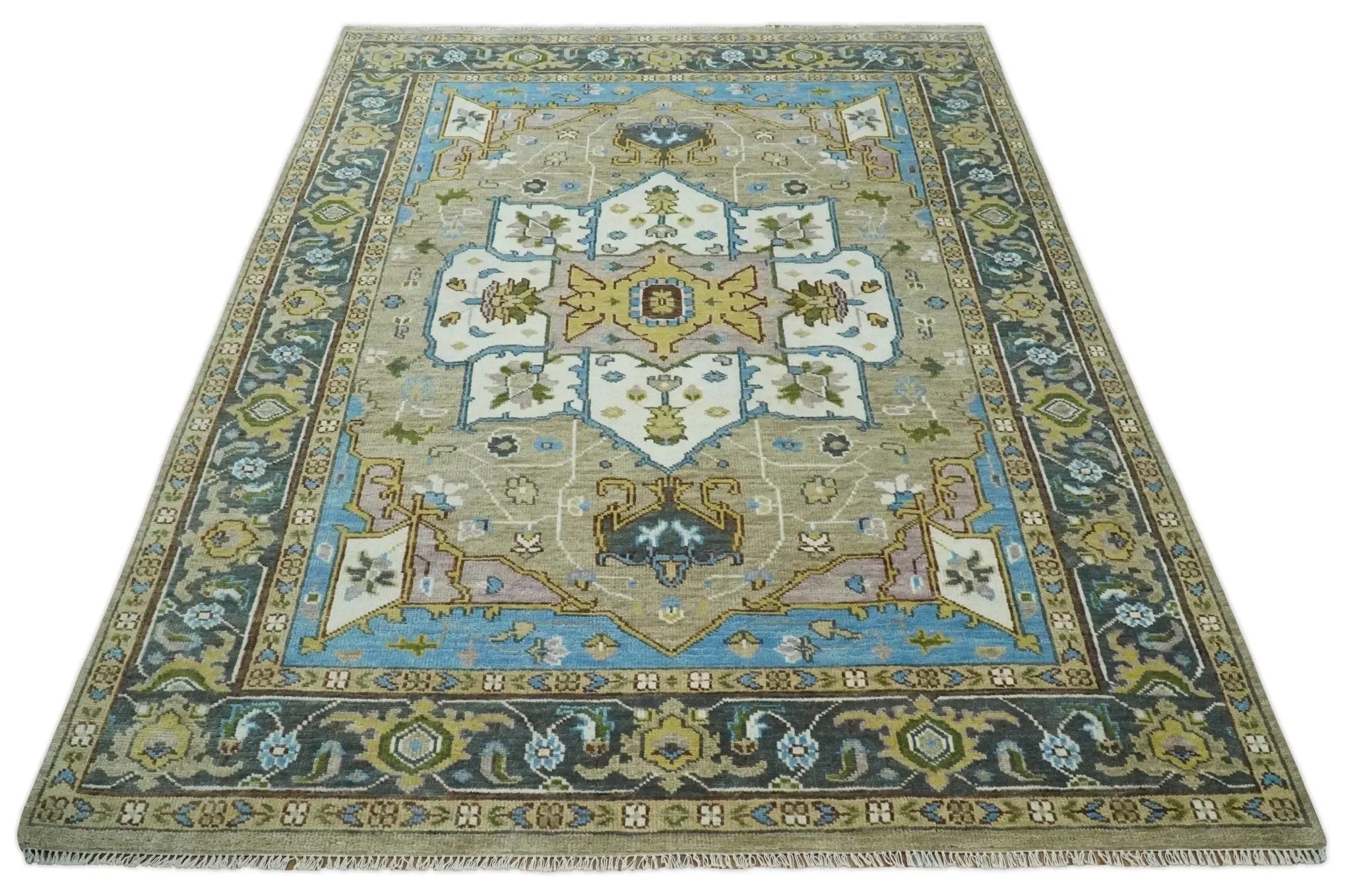 Custom Made Hand Knotted Ivory, Camel and Teal Modern Heriz Serapi Wool Rug - The Mayfair Hall