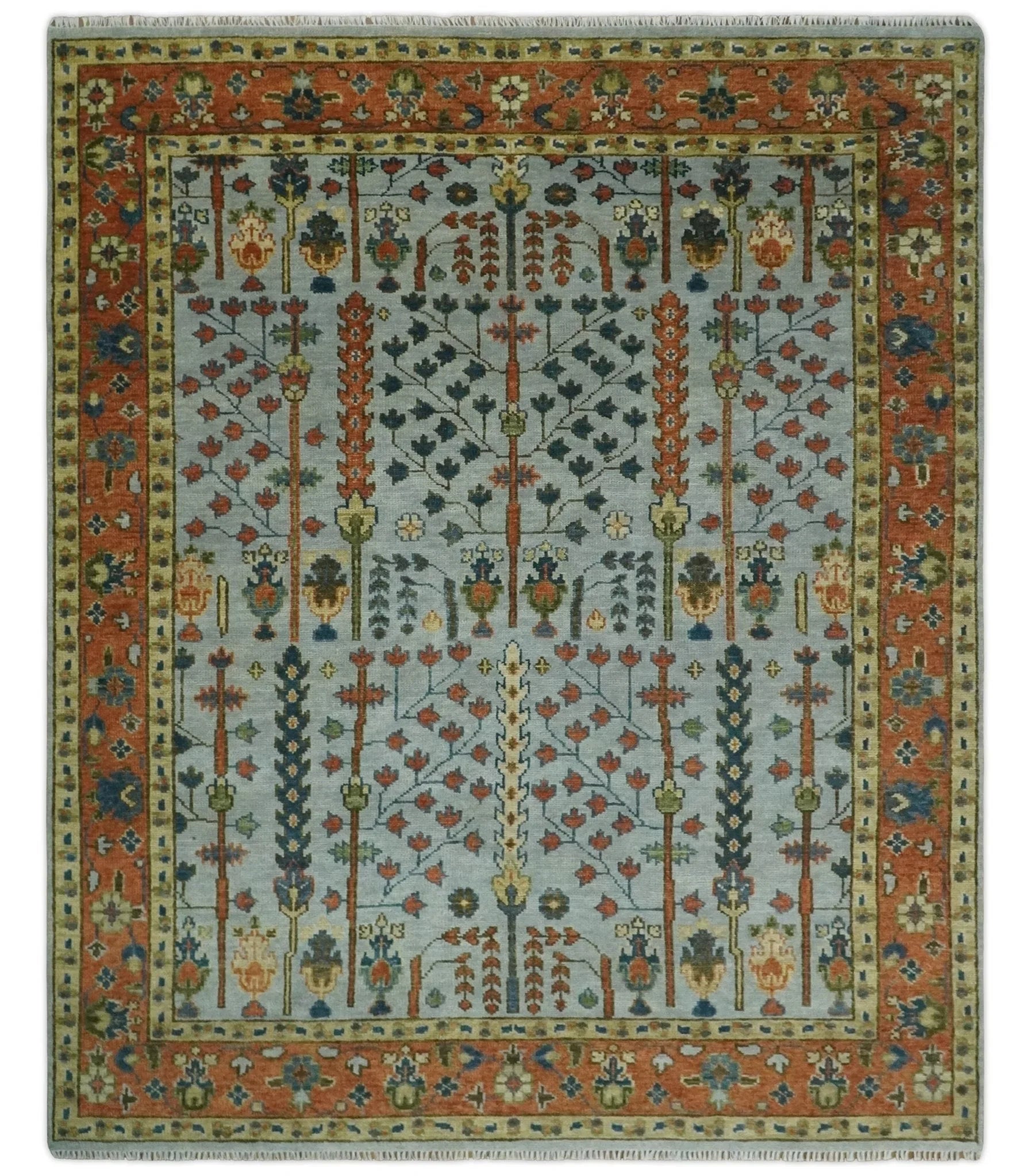 Hand Knotted Rust and Blue Traditional Turkish Vintage Multi Size Wool Rug - The Mayfair Hall