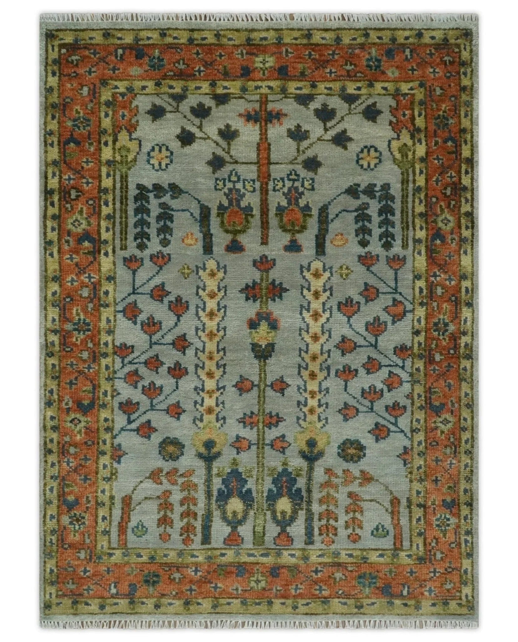 Hand Knotted Rust and Blue Traditional Turkish Vintage Multi Size Wool Rug - The Mayfair Hall