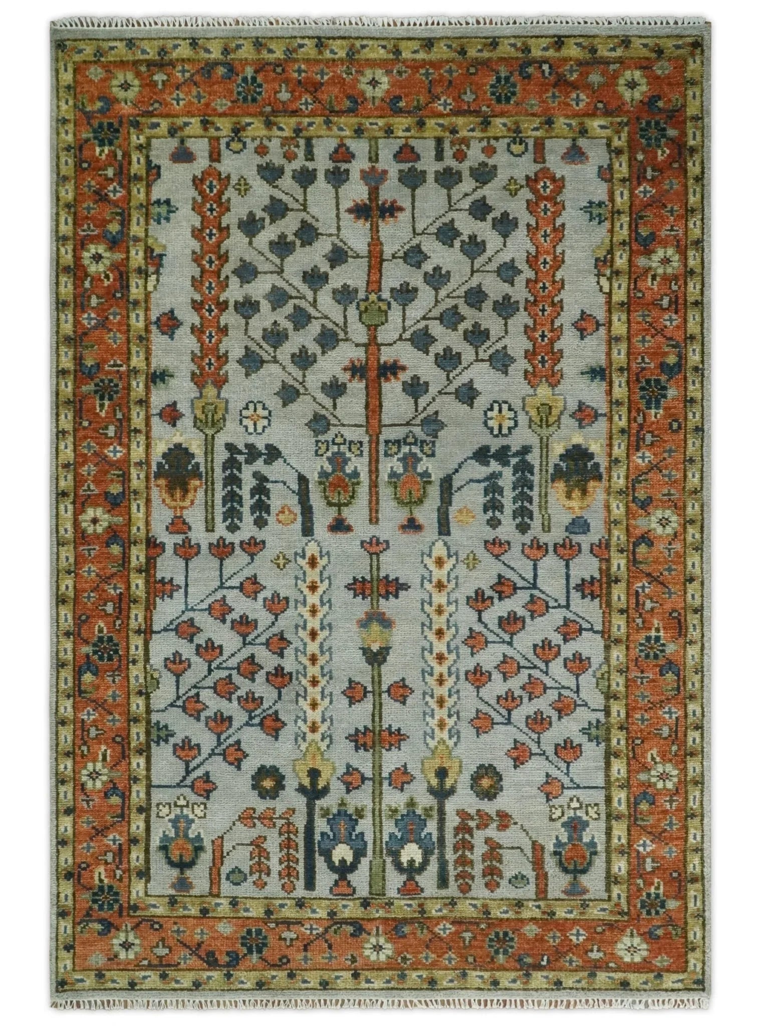 Hand Knotted Rust and Blue Traditional Turkish Vintage Multi Size Wool Rug - The Mayfair Hall