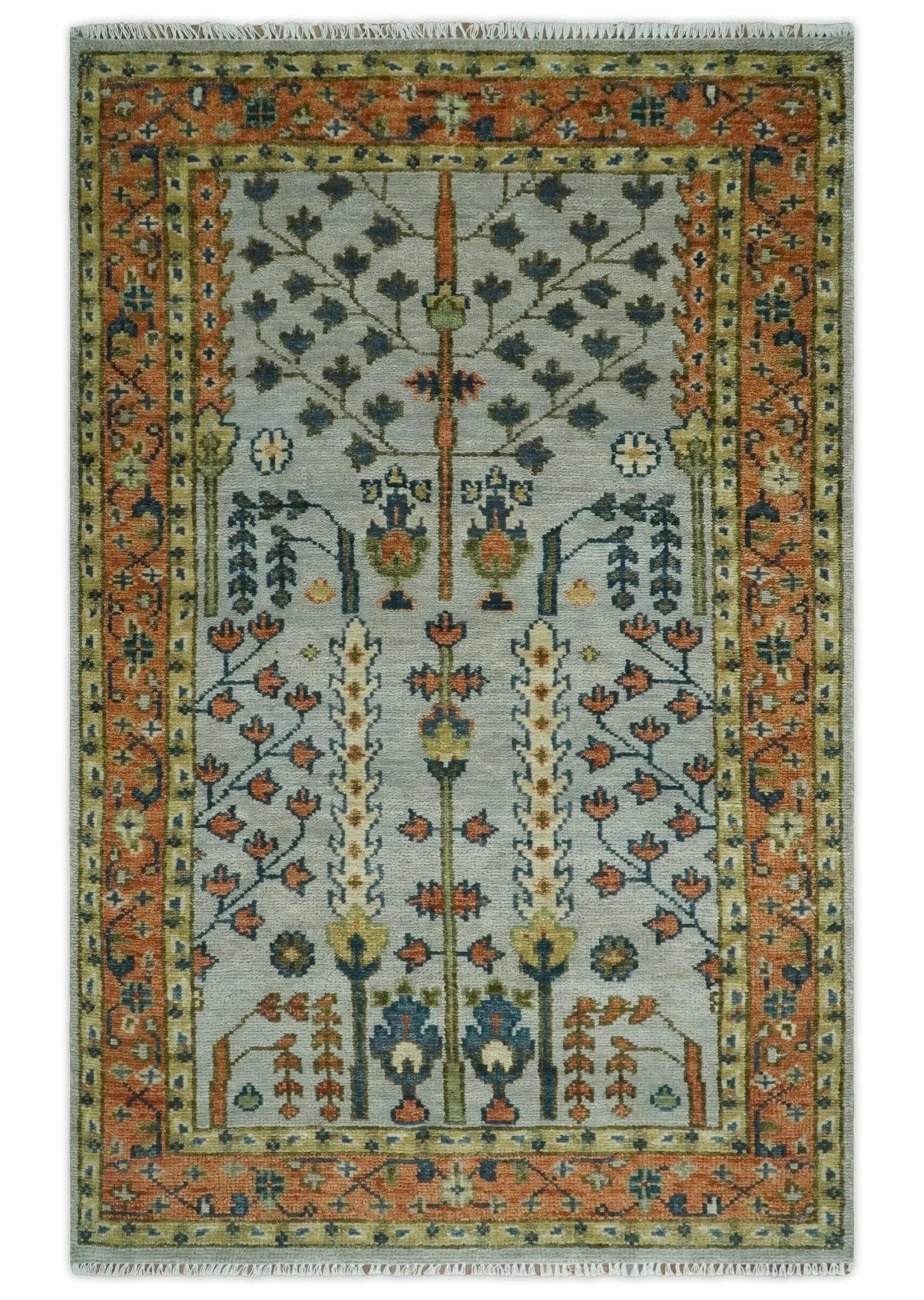 Hand Knotted Rust and Blue Traditional Turkish Vintage Multi Size Wool Rug - The Mayfair Hall