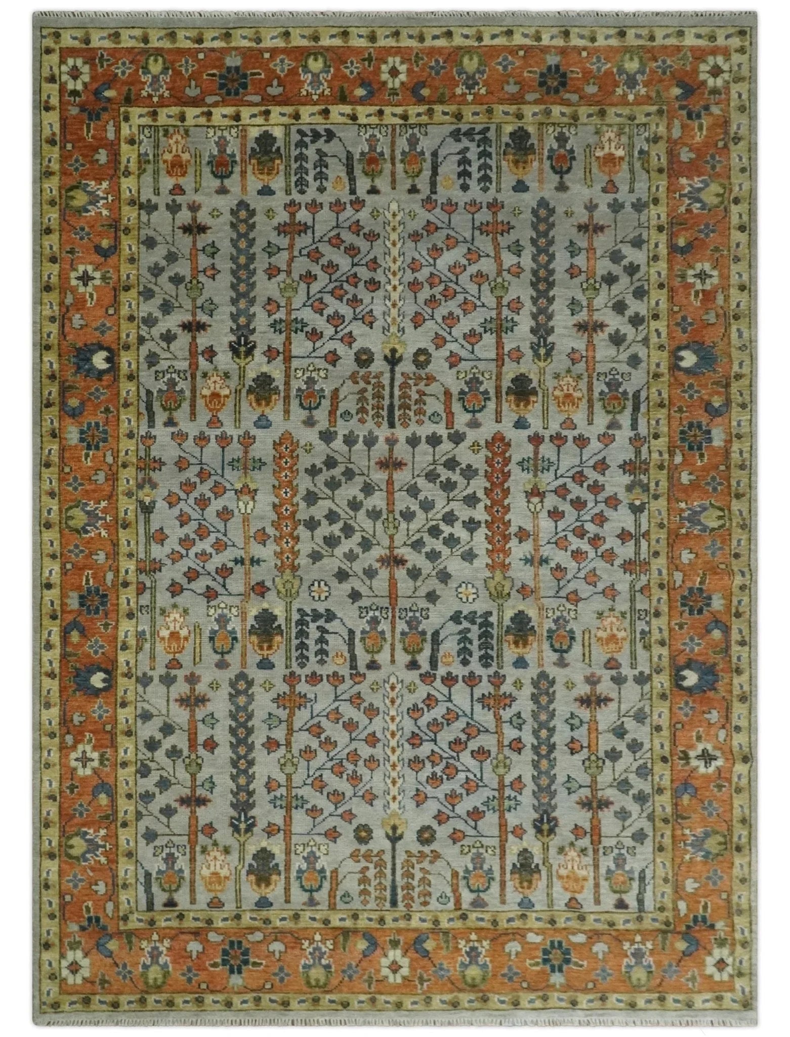 Hand Knotted Rust and Blue Traditional Turkish Vintage Multi Size Wool Rug - The Mayfair Hall