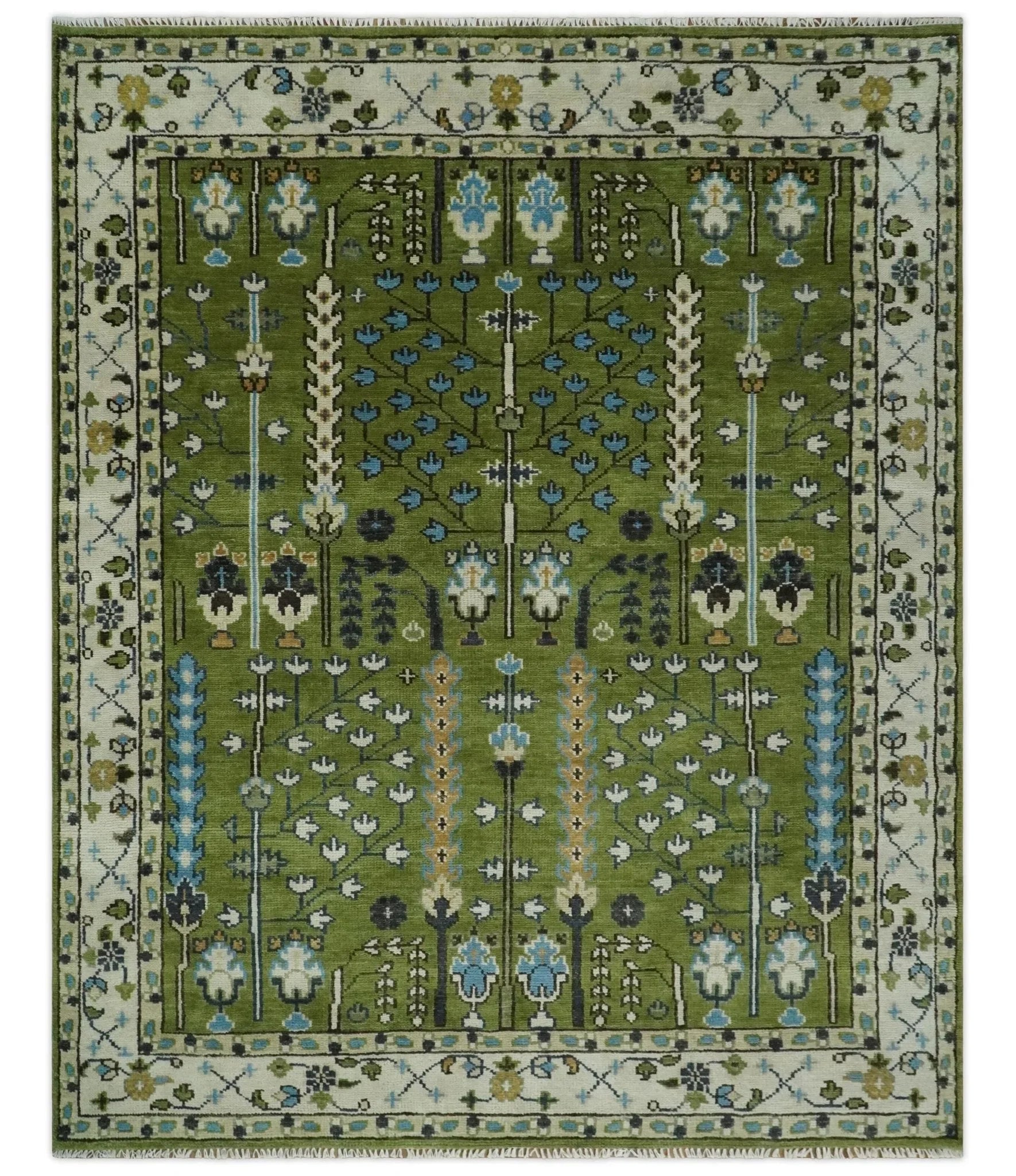 Hand Knotted Royal Green and Ivory Traditional Turkish Style Tree Of Life Multi Size Wool Area Rug - The Mayfair Hall