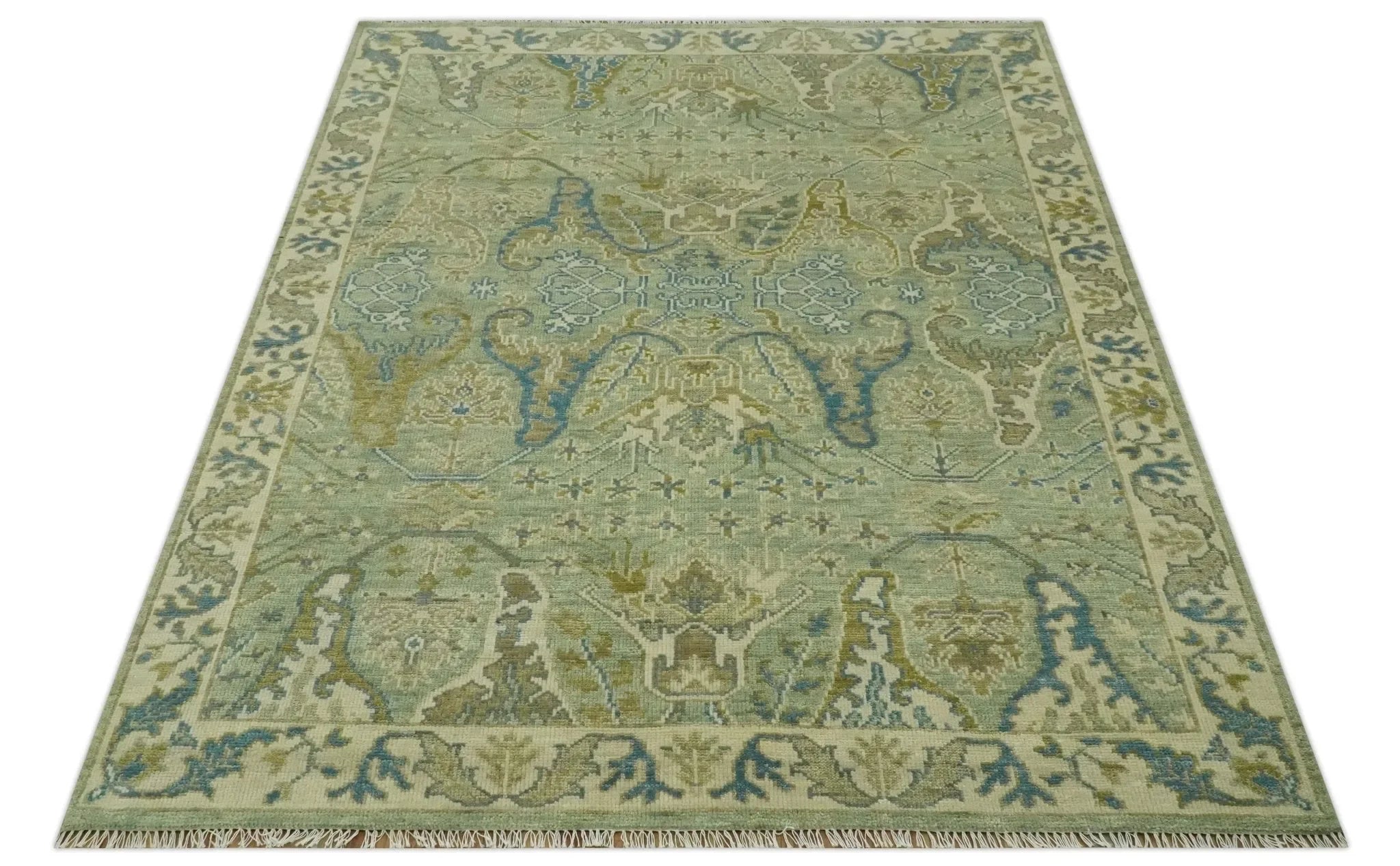 Hand Knotted Green, Olive and Teal Traditional Dragon Oushak Design Custom Made wool rug - The Mayfair Hall