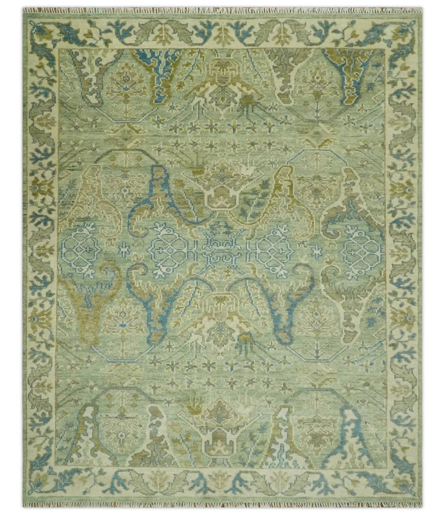 Hand Knotted Green, Olive and Teal Traditional Dragon Oushak Design Custom Made wool rug - The Mayfair Hall