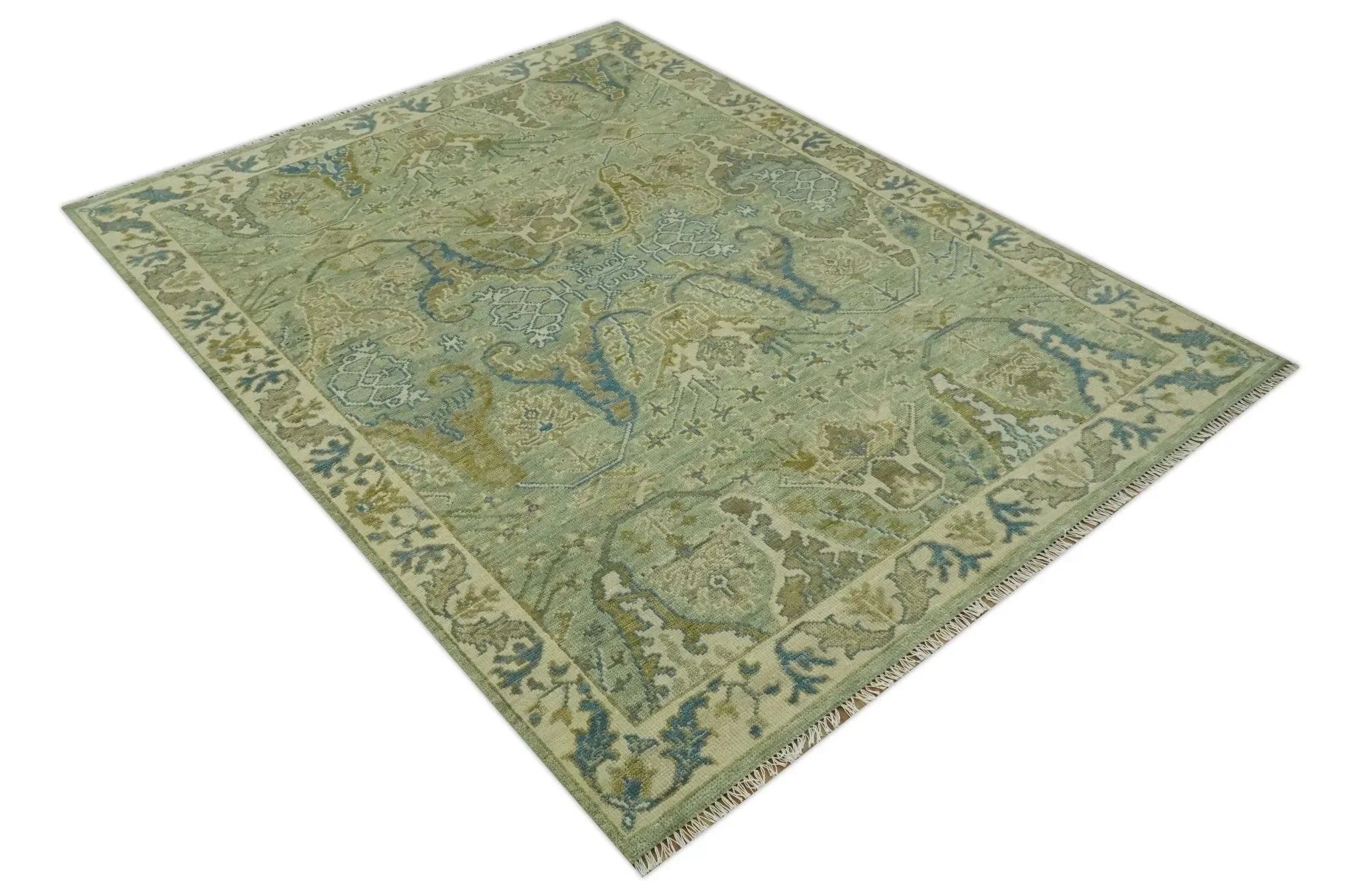 Hand Knotted Green, Olive and Teal Traditional Dragon Oushak Design Custom Made wool rug - The Mayfair Hall