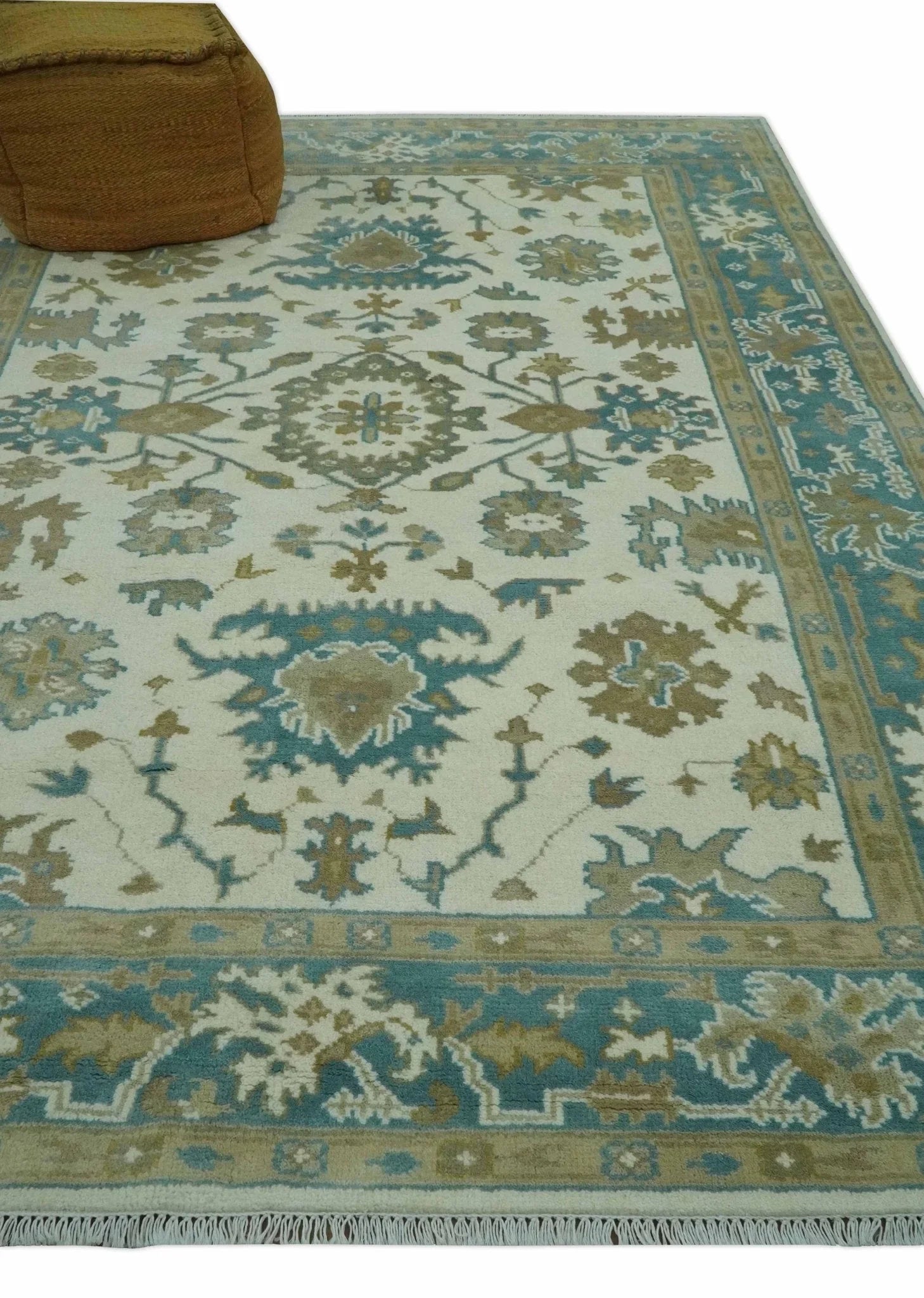 Hand Knotted Ivory, Teal and Beige Traditional Oriental Oushak Multi Size wool rug - The Mayfair Hall