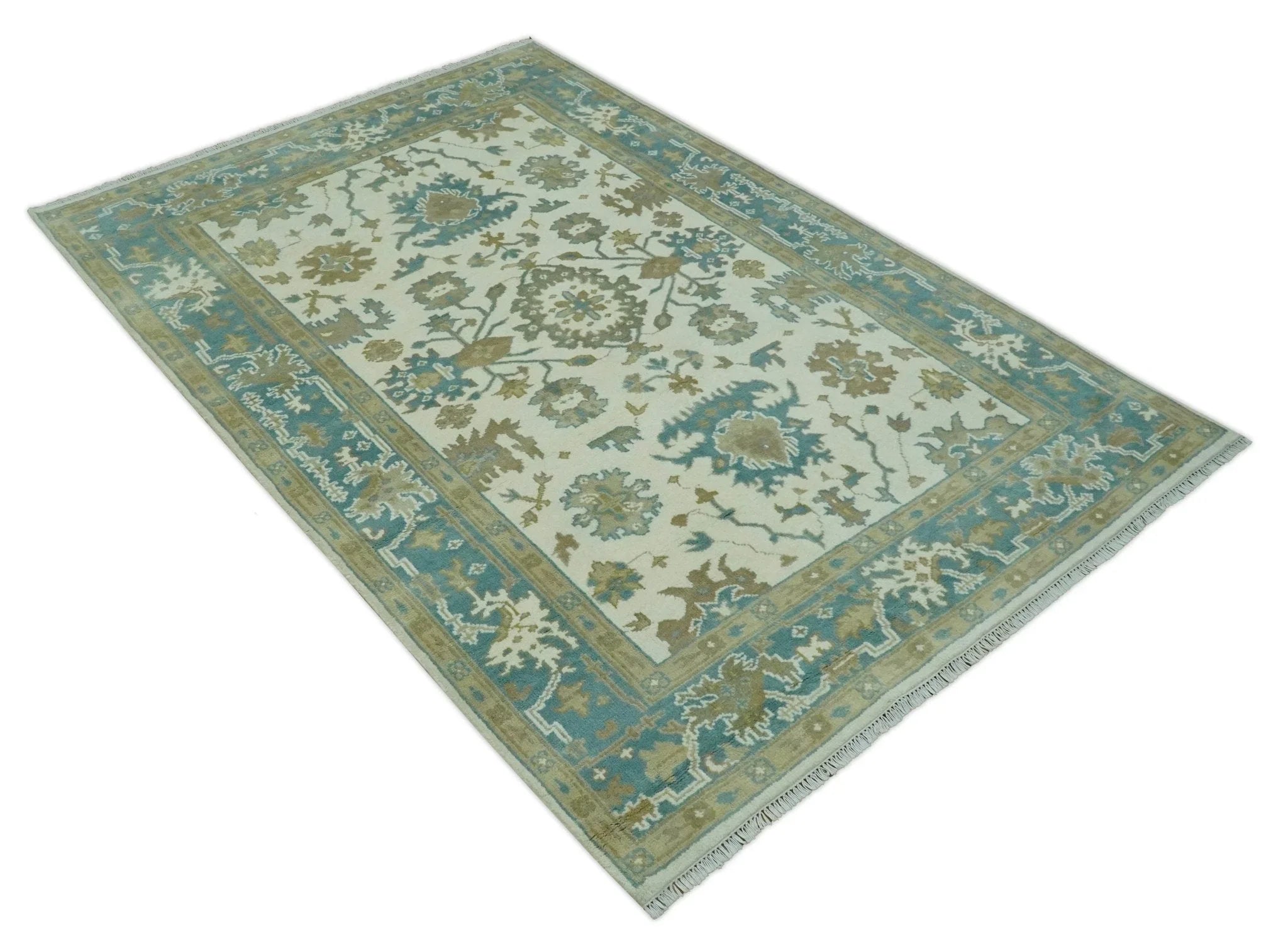 Hand Knotted Ivory, Teal and Beige Traditional Oriental Oushak Multi Size wool rug - The Mayfair Hall