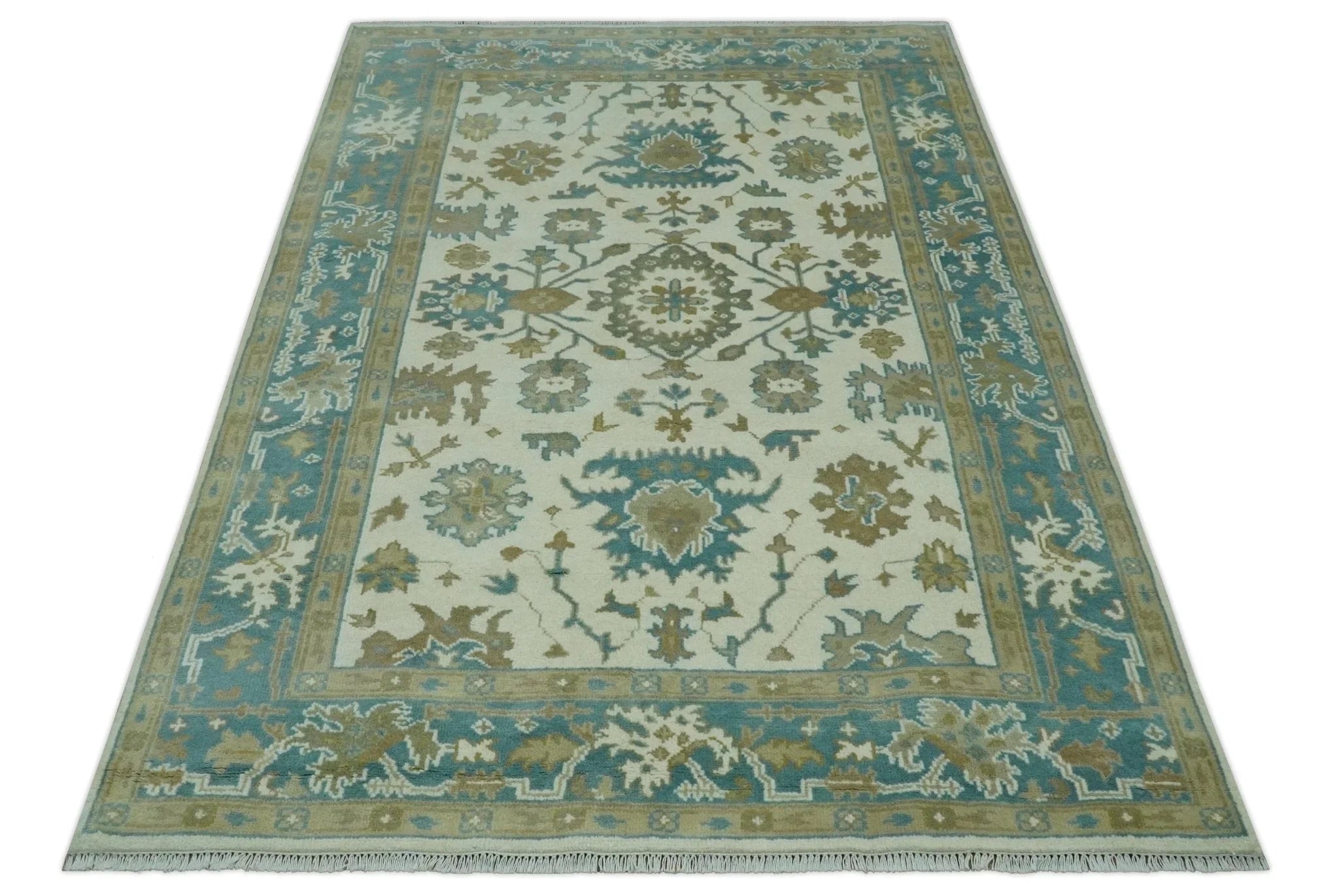 Hand Knotted Ivory, Teal and Beige Traditional Oriental Oushak Multi Size wool rug - The Mayfair Hall