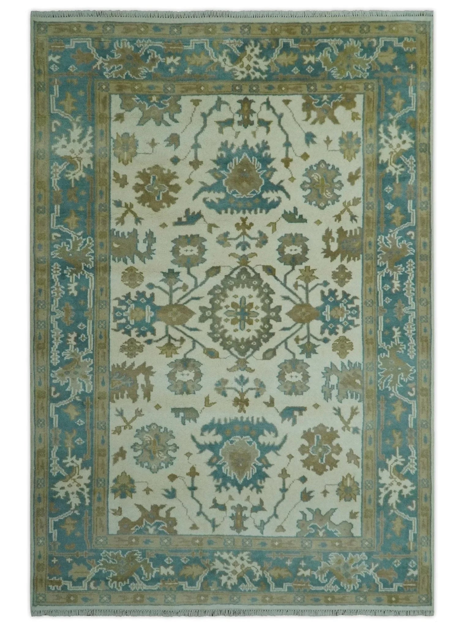 Hand Knotted Ivory, Teal and Beige Traditional Oriental Oushak Multi Size wool rug - The Mayfair Hall